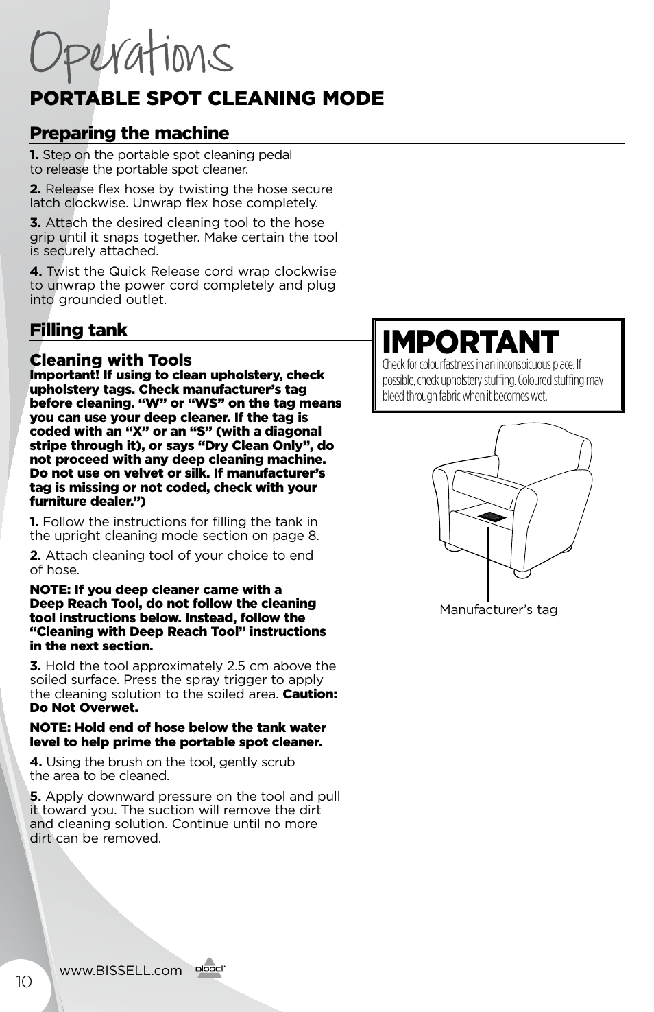 Operations, Important, Portable spot cleaning mode | Preparing the machine, Filling tank, Cleaning with tools | Bissell 1190B User Manual | Page 10 / 16