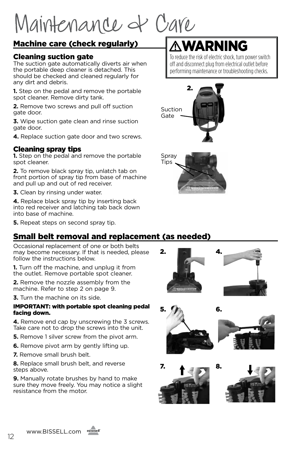 Maintenance & care, Warning, Machine care (check regularly) | Small belt removal and replacement (as needed) | Bissell 1190B User Manual | Page 12 / 16