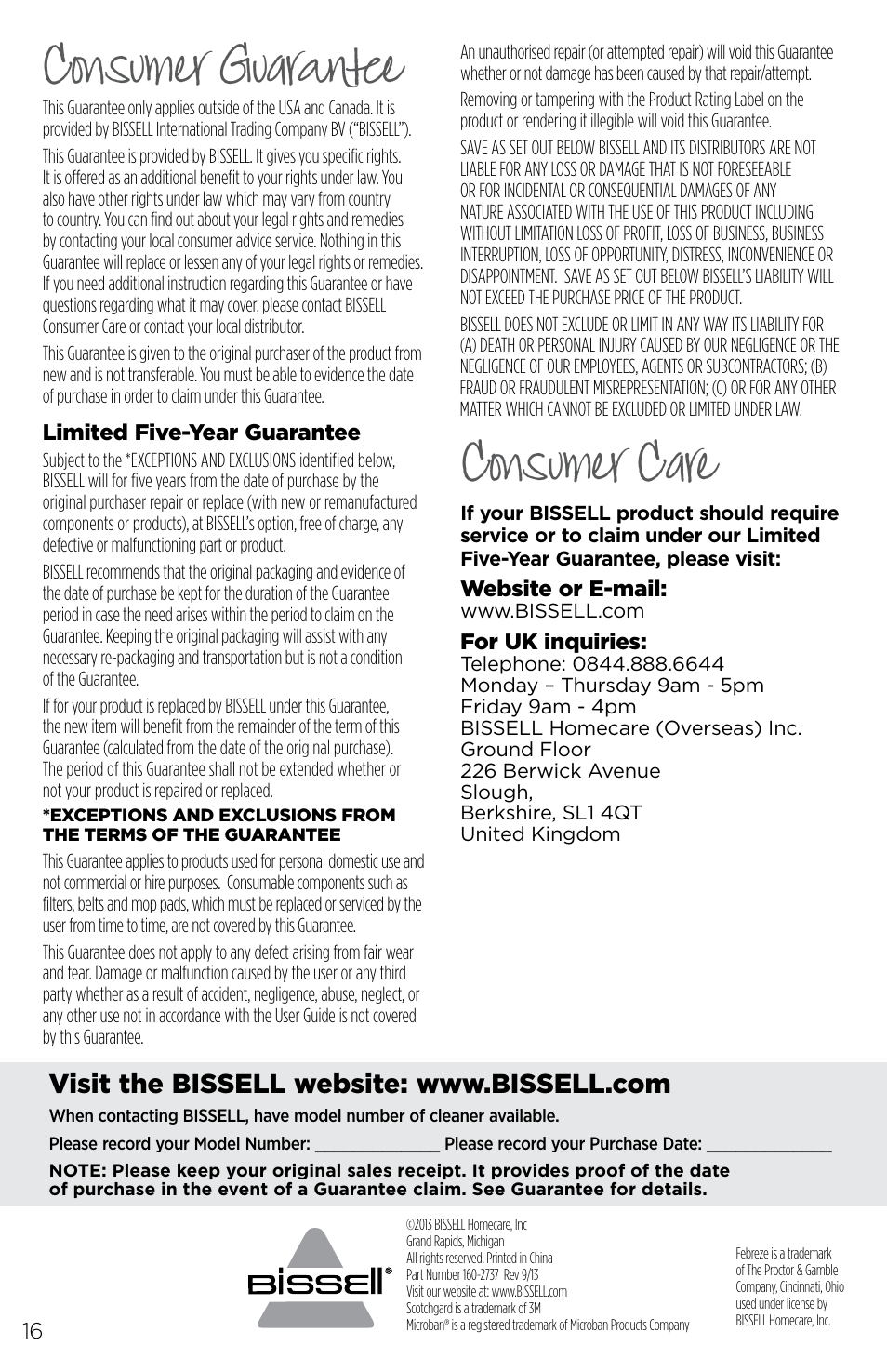 Consumer guarantee, Consumer care | Bissell 1190B User Manual | Page 16 / 16
