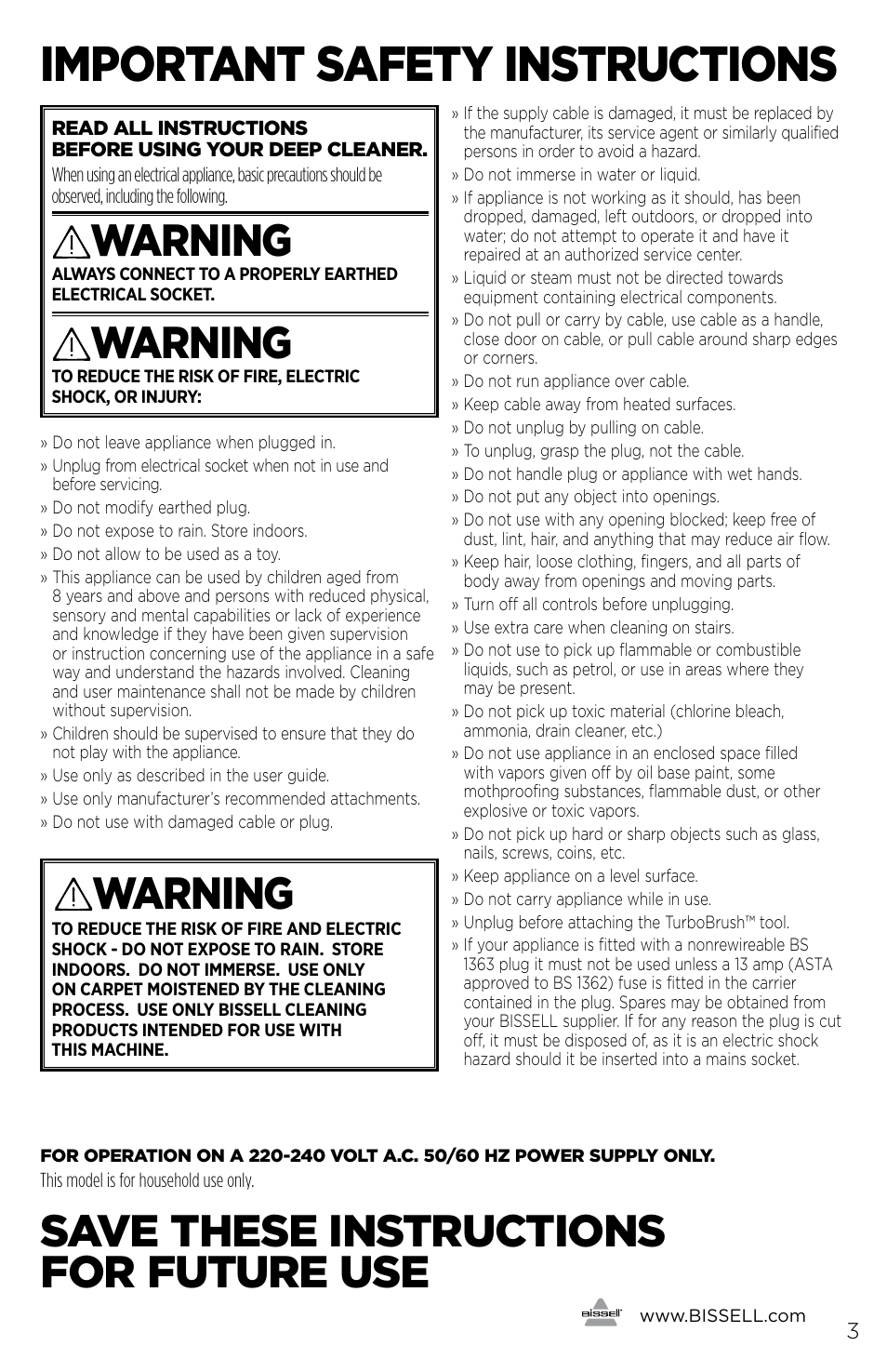 Important safety instructions, Warning, Save these instructions for future use | Bissell 1190B User Manual | Page 3 / 16