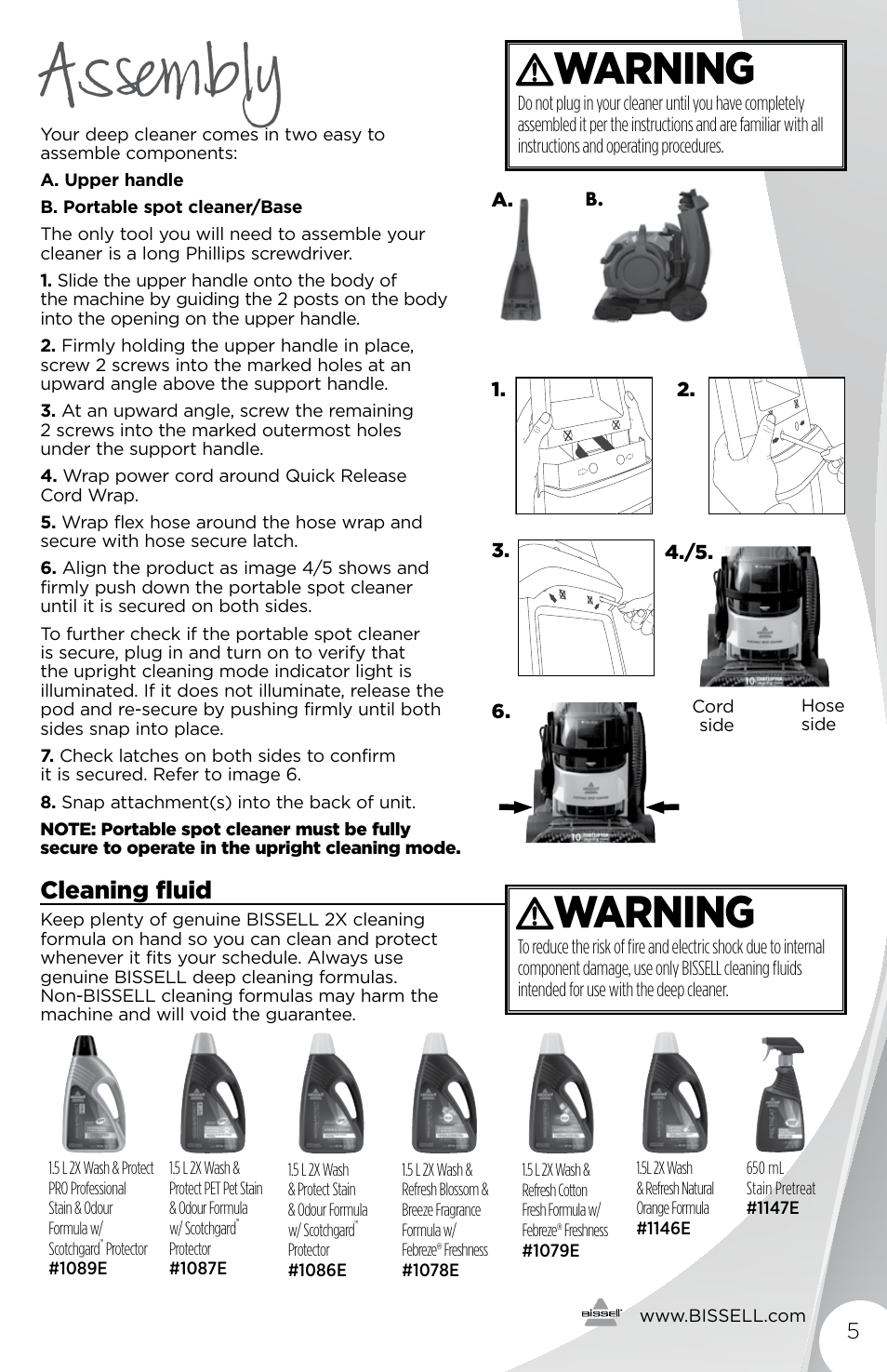Assembly, Warning, Important assembly instructions | Cleaning fluid | Bissell 1190B User Manual | Page 5 / 16