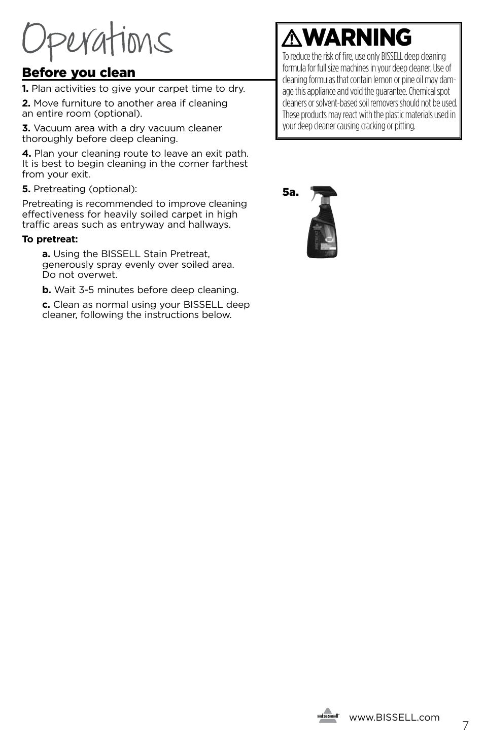 Operations, Warning | Bissell 1190B User Manual | Page 7 / 16