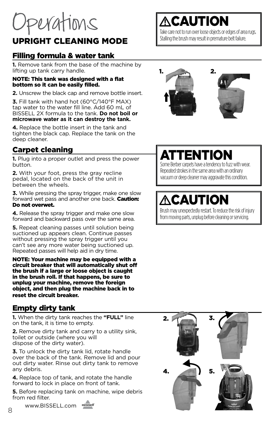 Operations, Caution, Attention | Upright cleaning mode | Bissell 1190B User Manual | Page 8 / 16
