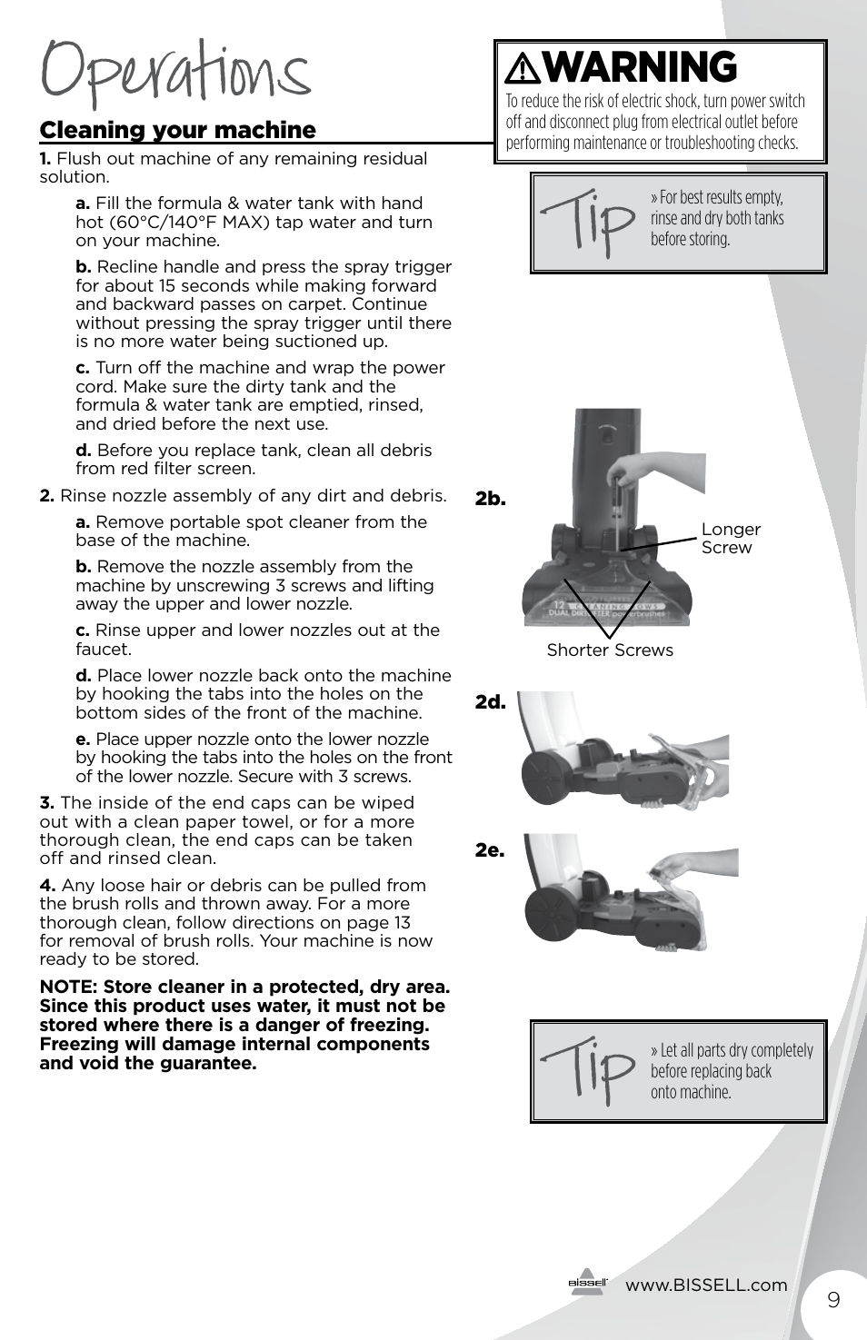Operations, Warning, Cleaning your machine | Bissell 1190B User Manual | Page 9 / 16