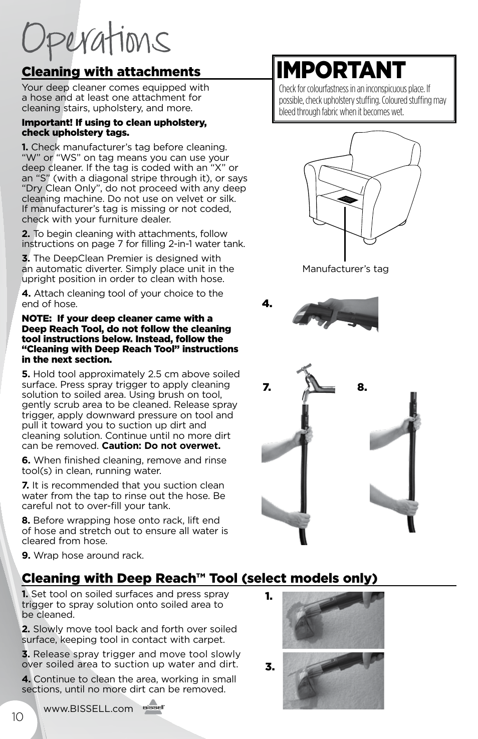 Operations, Important, Cleaning with attachments | Bissell 1456E User Manual | Page 10 / 16