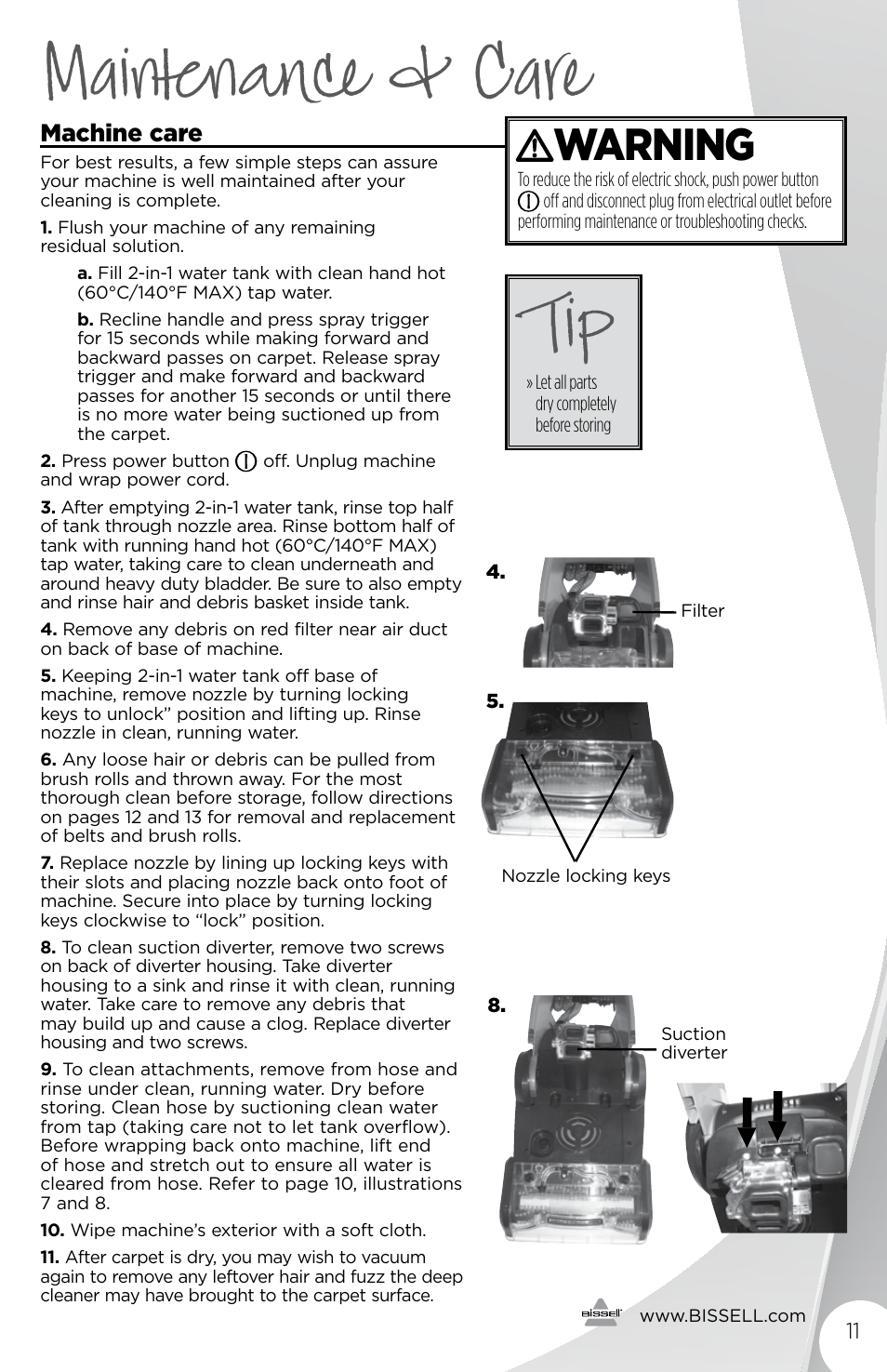Maintenance & care, Warning, Machine care | Bissell 1456E User Manual | Page 11 / 16
