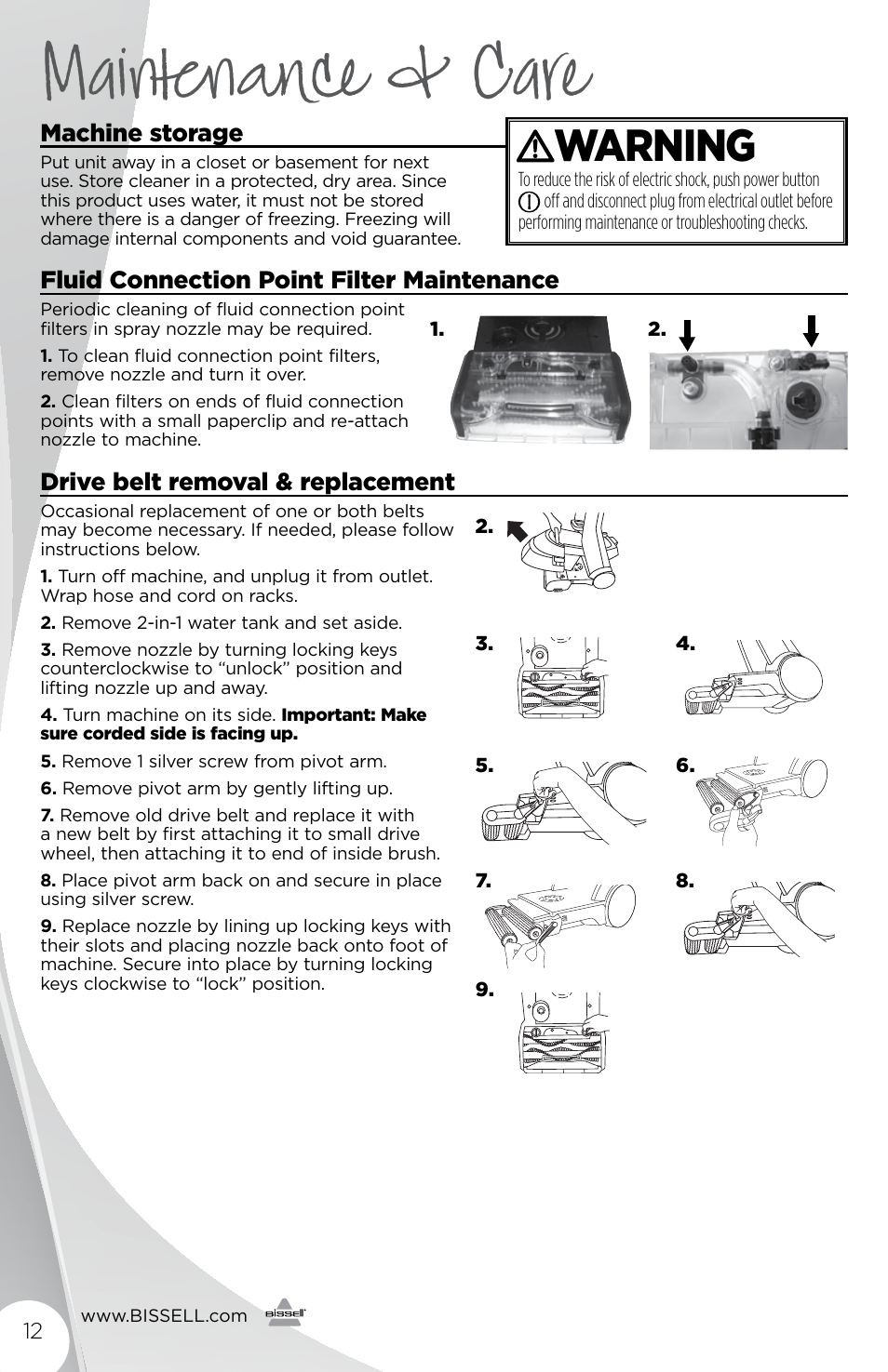 Maintenance & care, Warning, Machine storage | Fluid connection point filter maintenance, Drive belt removal & replacement | Bissell 1456E User Manual | Page 12 / 16