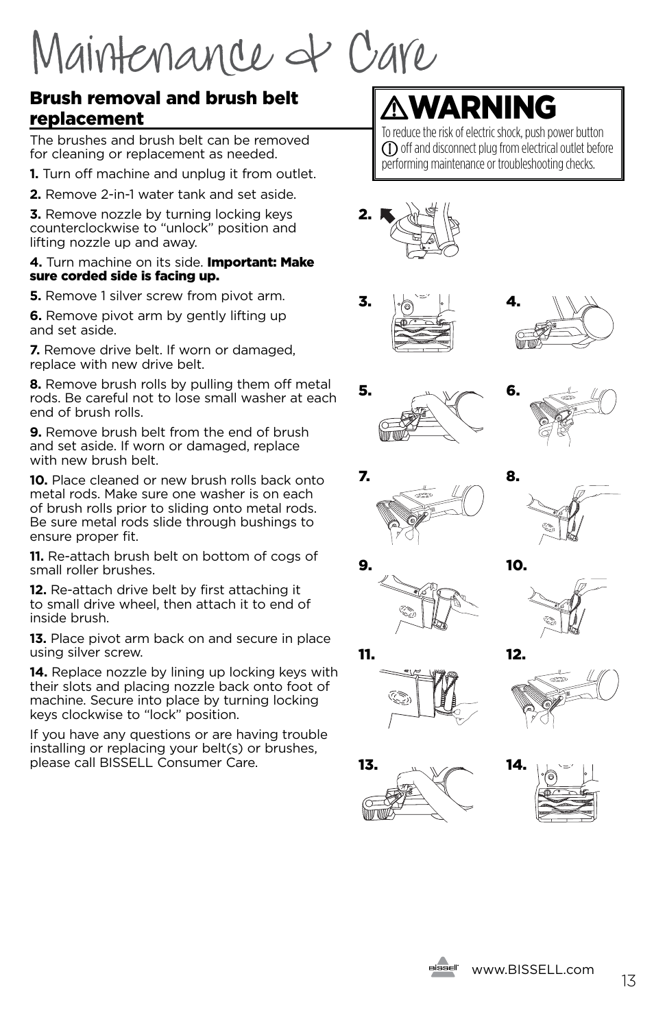 Maintenance & care, Warning, Brush removal and brush belt replacement | Bissell 1456E User Manual | Page 13 / 16
