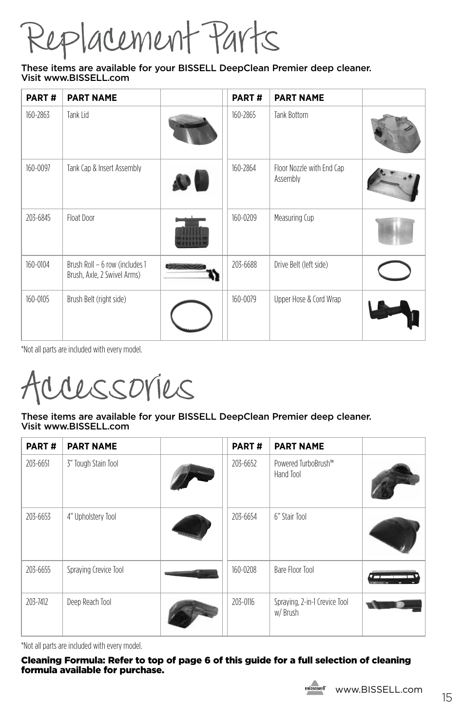 Accessories, Replacement parts | Bissell 1456E User Manual | Page 15 / 16
