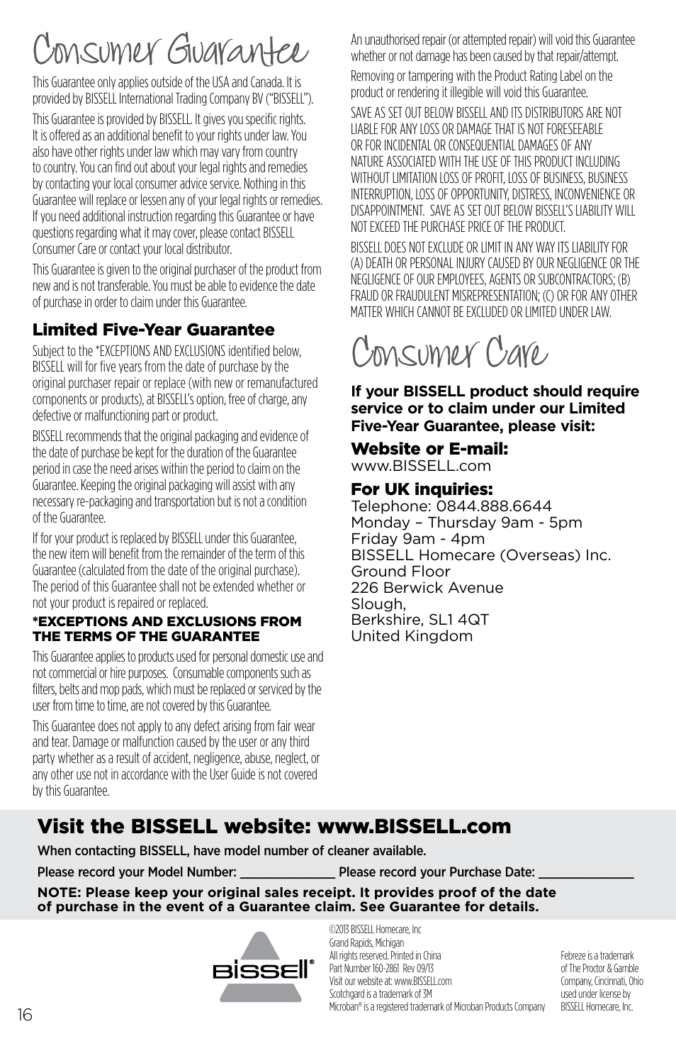 Consumer guarantee, Consumer care | Bissell 1456E User Manual | Page 16 / 16