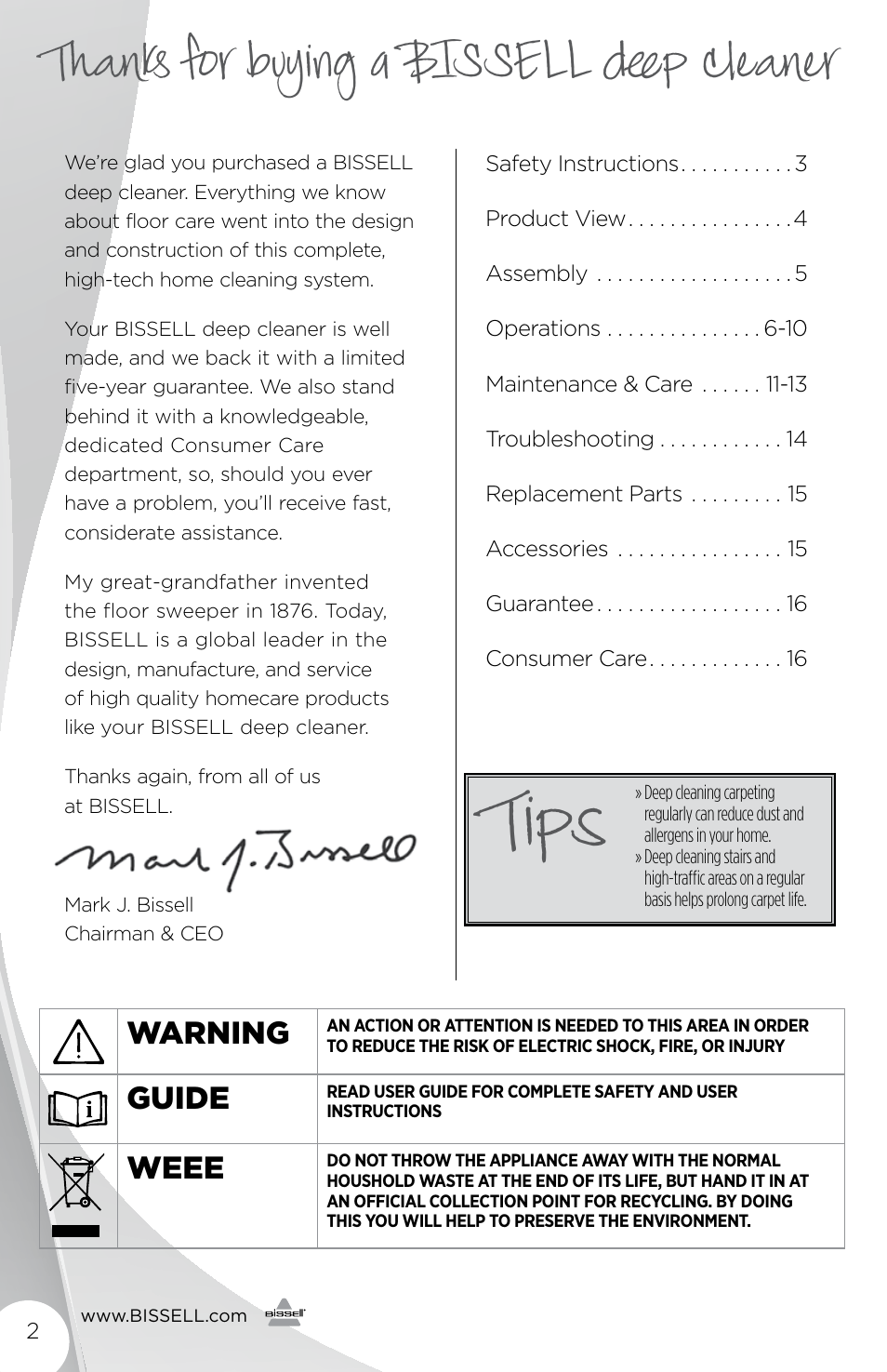 Tips, Warning, Guide | Weee | Bissell 1456E User Manual | Page 2 / 16