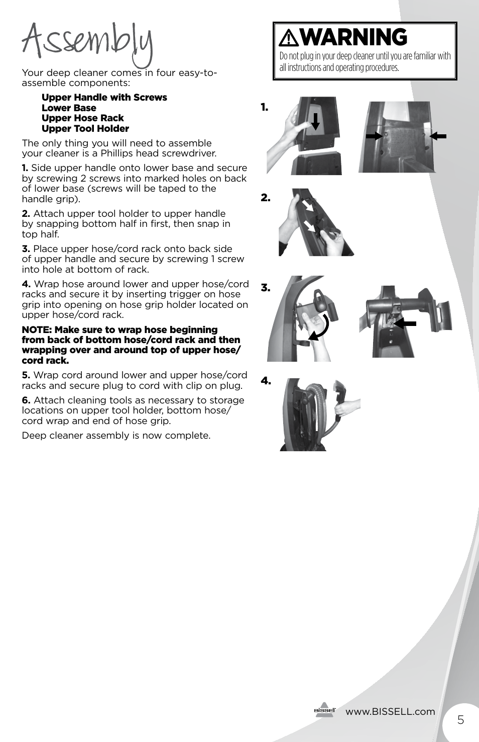 Assembly, Warning | Bissell 1456E User Manual | Page 5 / 16