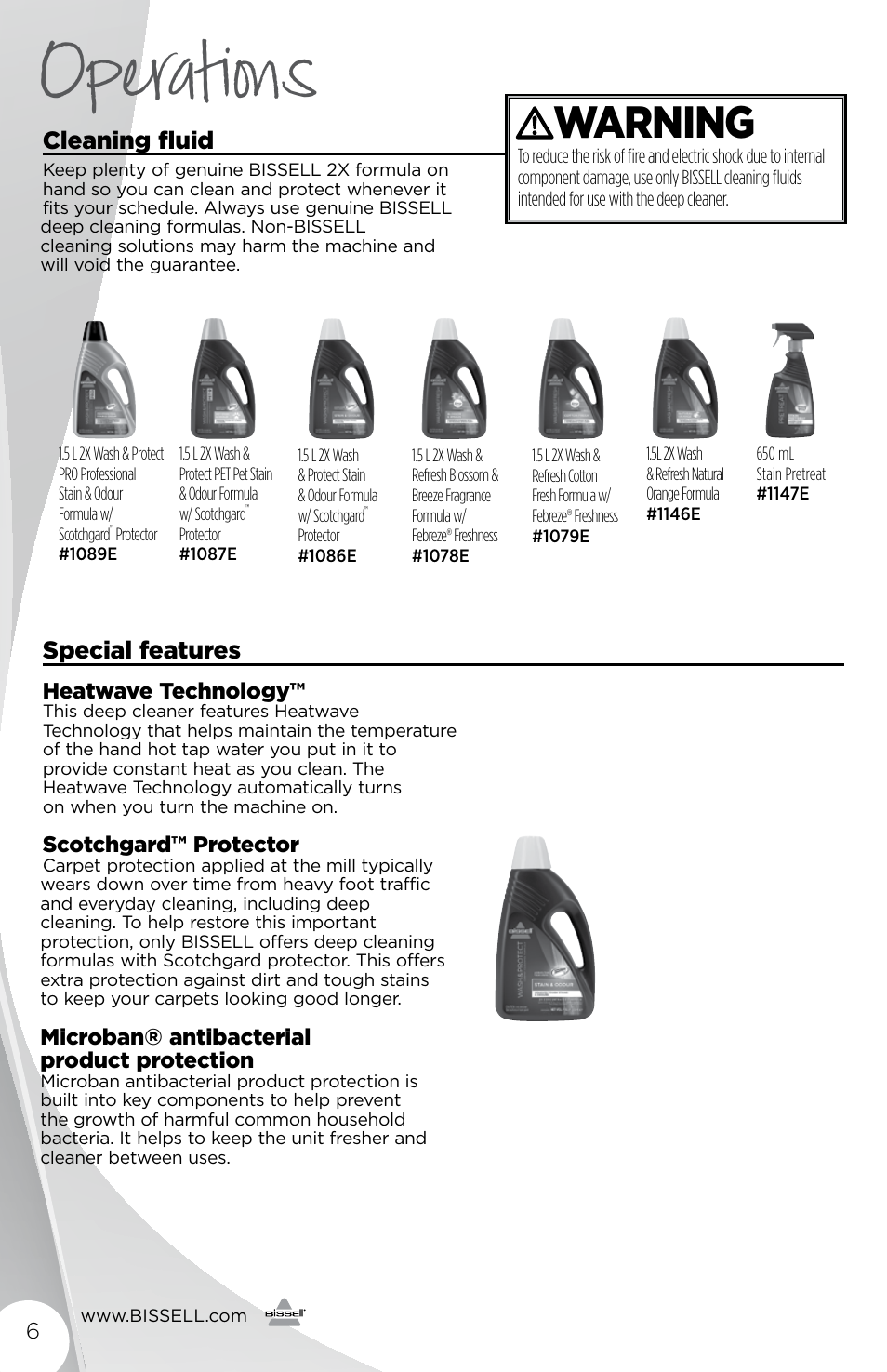 Operations, Warning, Cleaning fluid | Special features | Bissell 1456E User Manual | Page 6 / 16