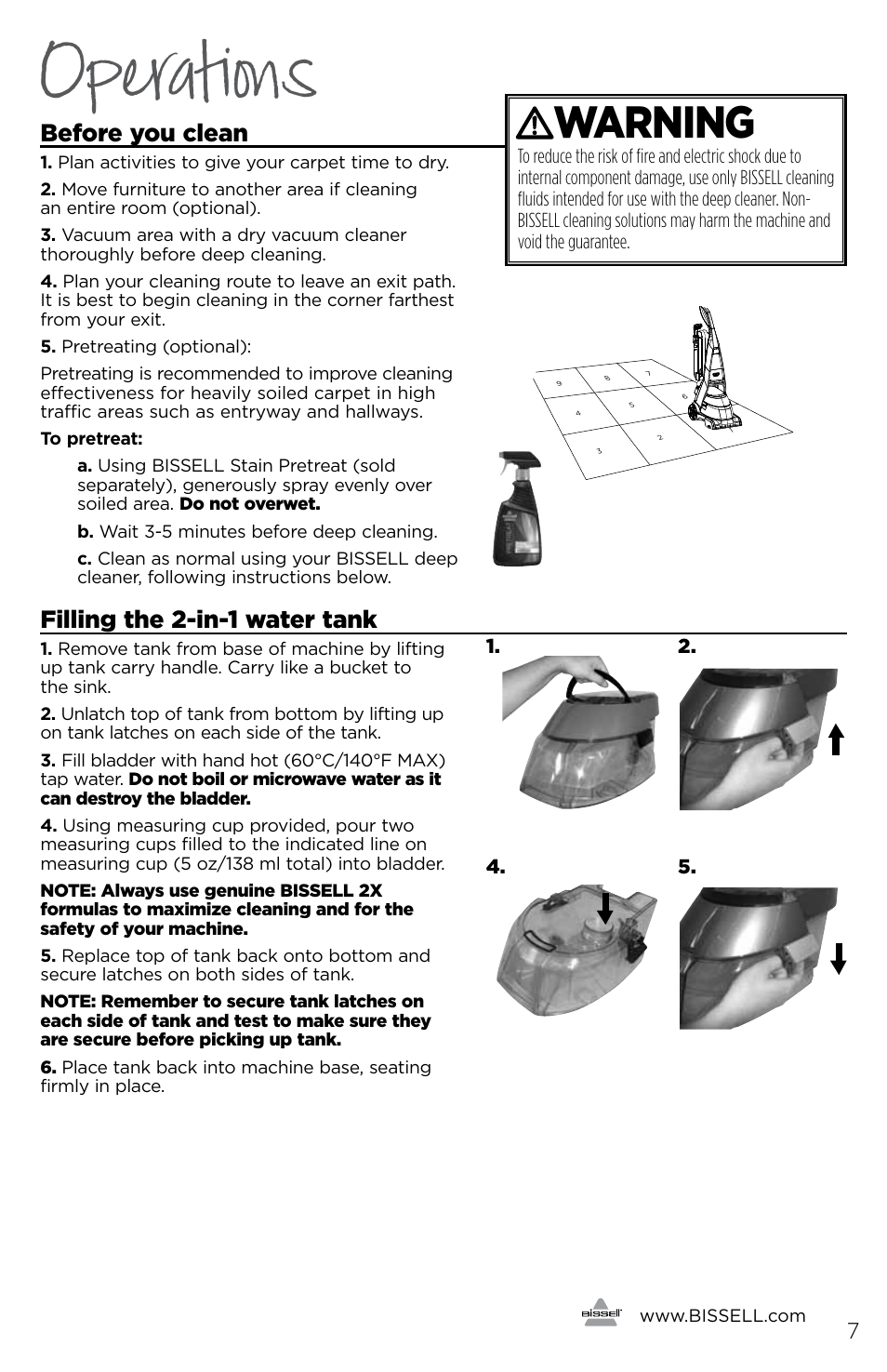 Operations, Warning, Before you clean | Filling the 2-in-1 water tank | Bissell 1456E User Manual | Page 7 / 16