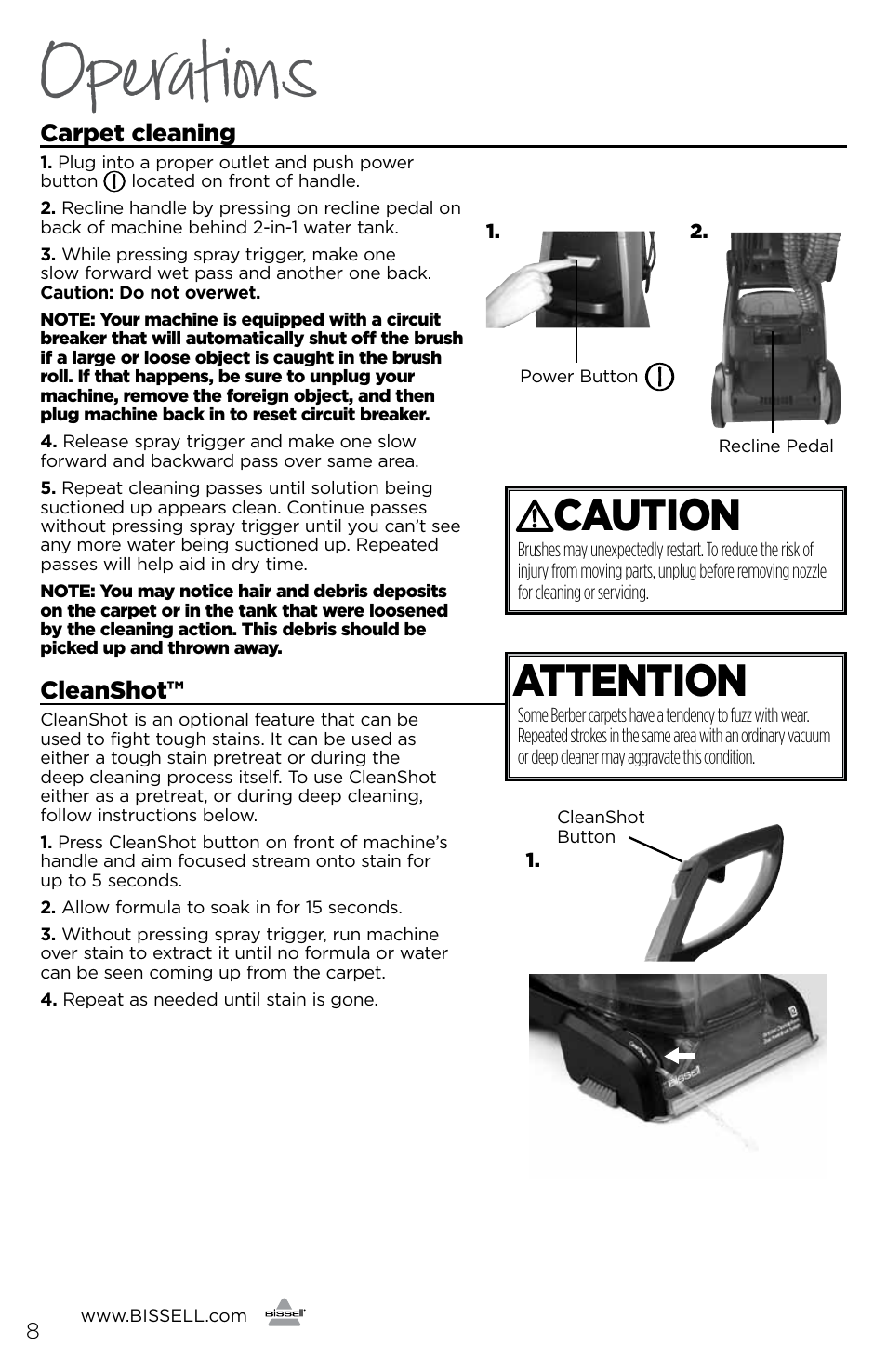 Operations, Attention, Caution | Carpet cleaning, Cleanshot | Bissell 1456E User Manual | Page 8 / 16