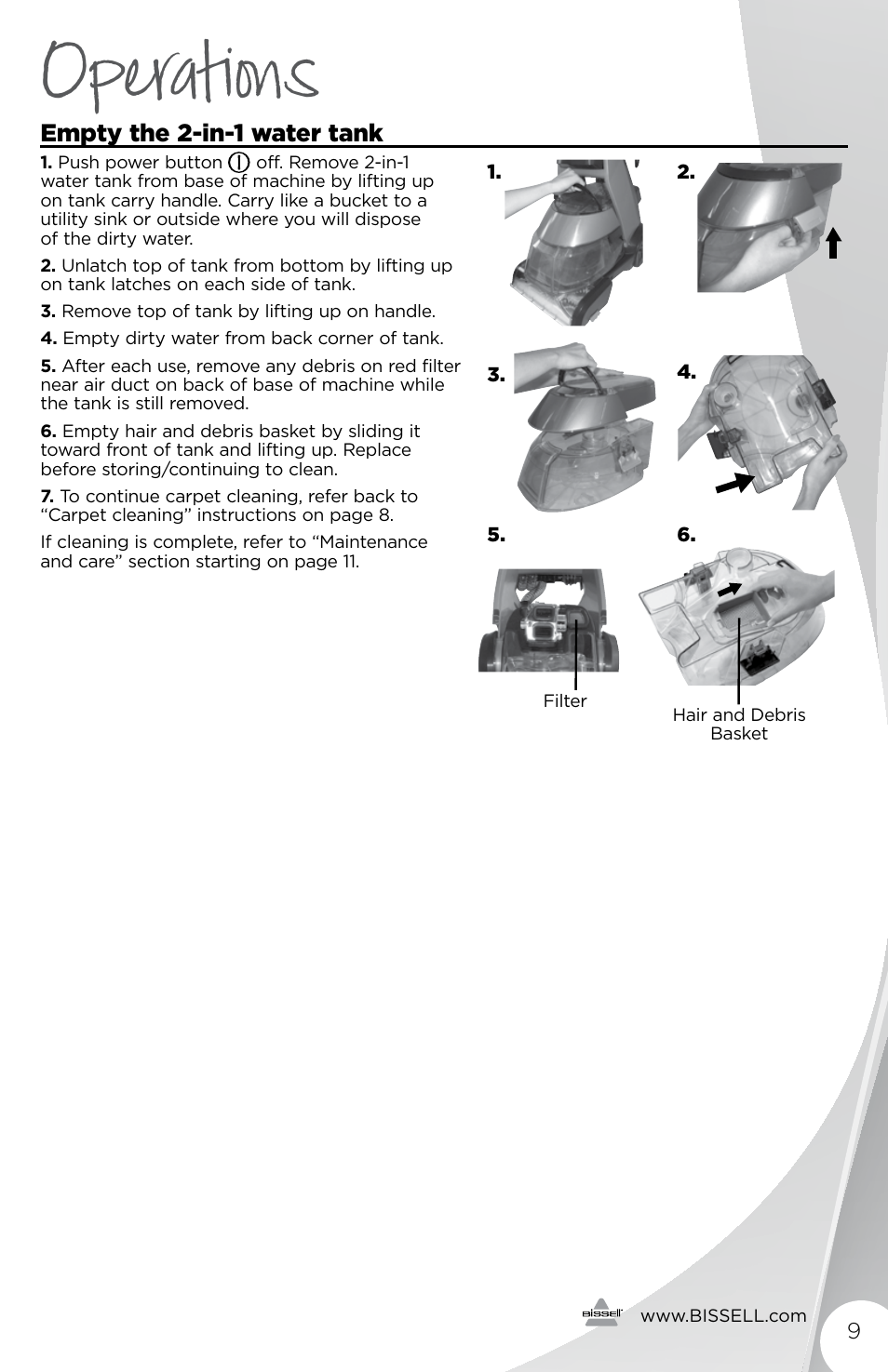 Operations, Empty the 2-in-1 water tank | Bissell 1456E User Manual | Page 9 / 16