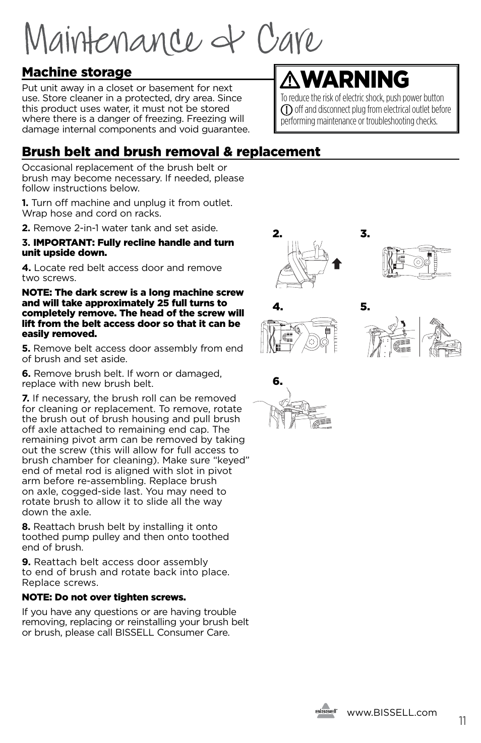 Maintenance & care, Warning, Machine storage | Brush belt and brush removal & replacement | Bissell 1225E User Manual | Page 11 / 16