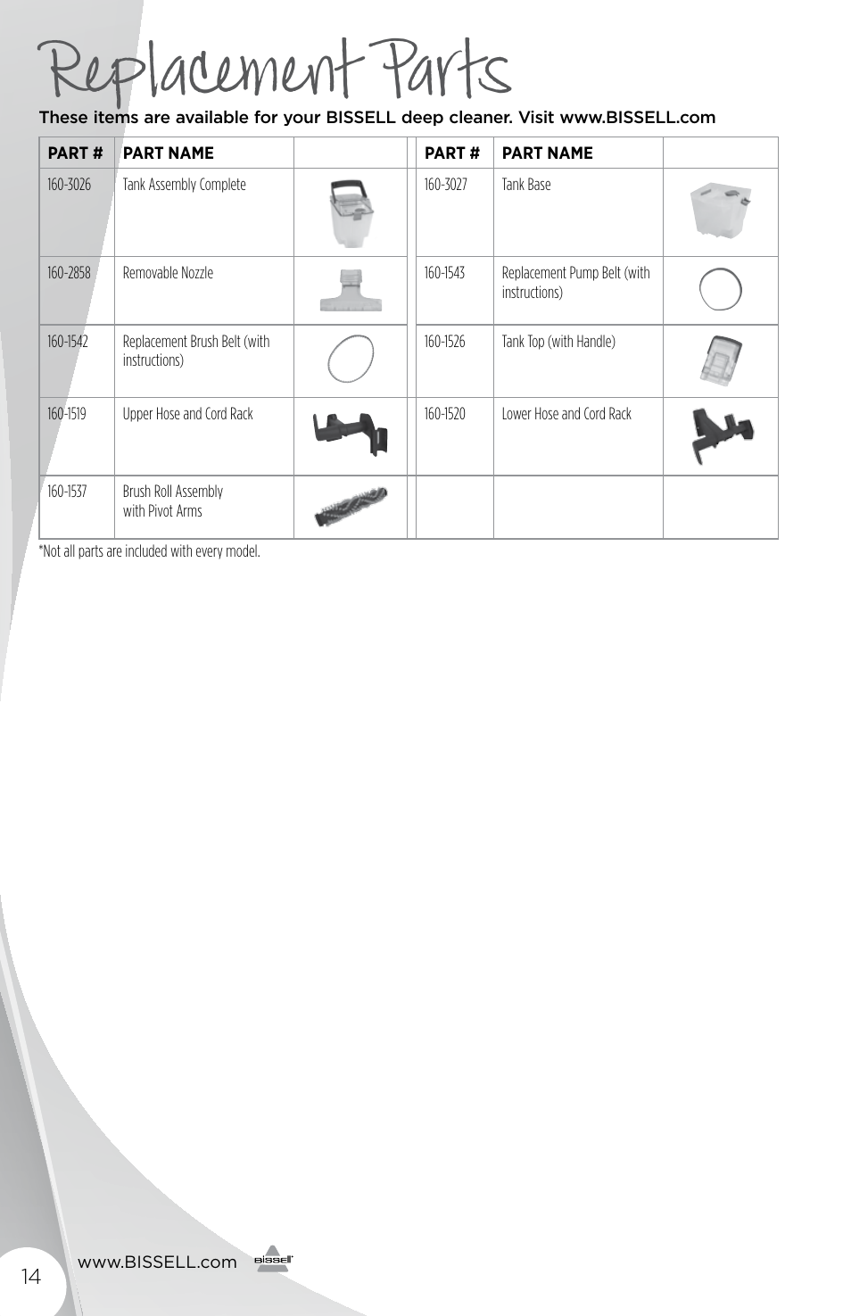 Replacement parts | Bissell 1225E User Manual | Page 14 / 16