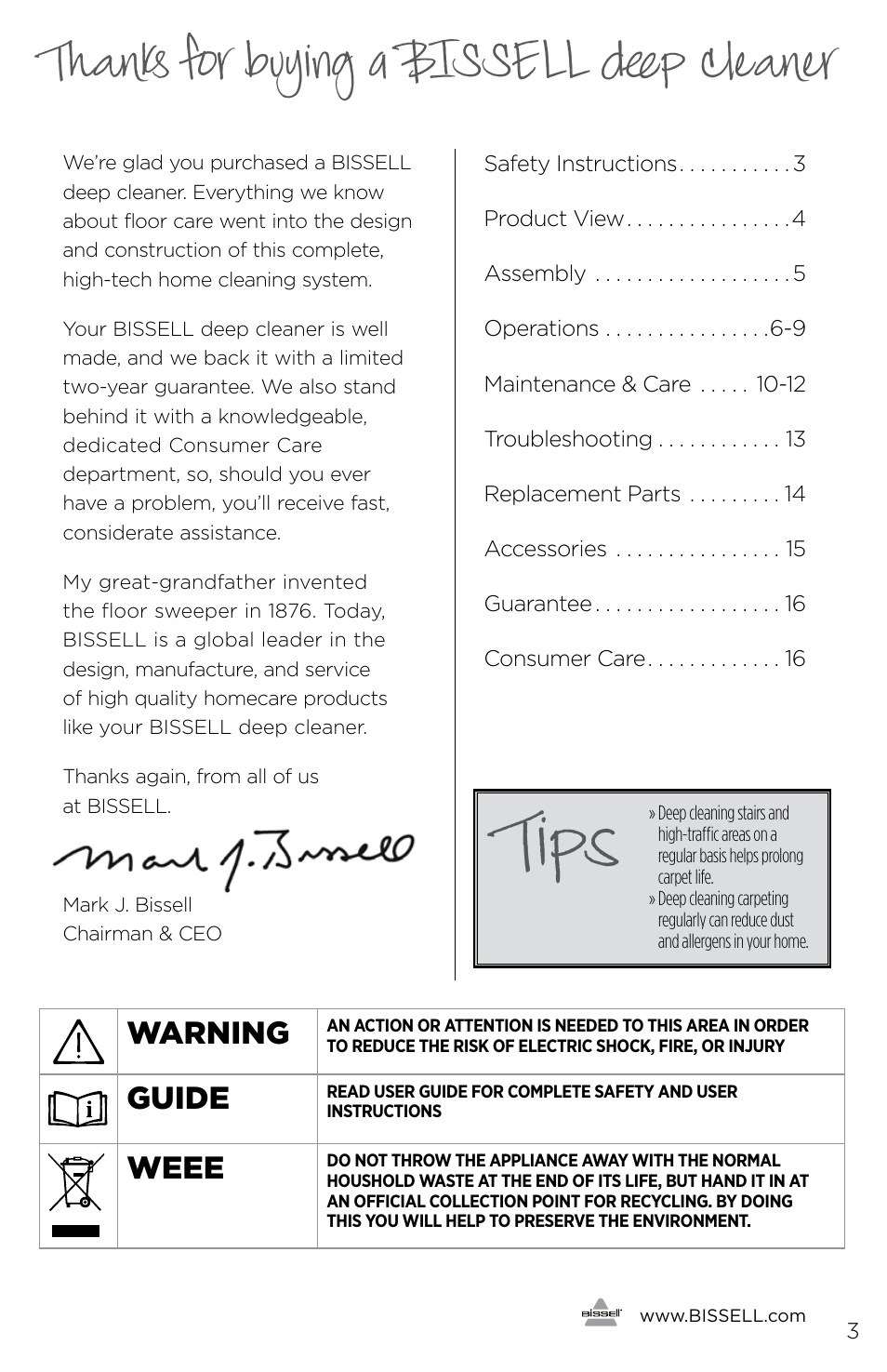 Tips, Warning, Guide | Weee | Bissell 1225E User Manual | Page 3 / 16