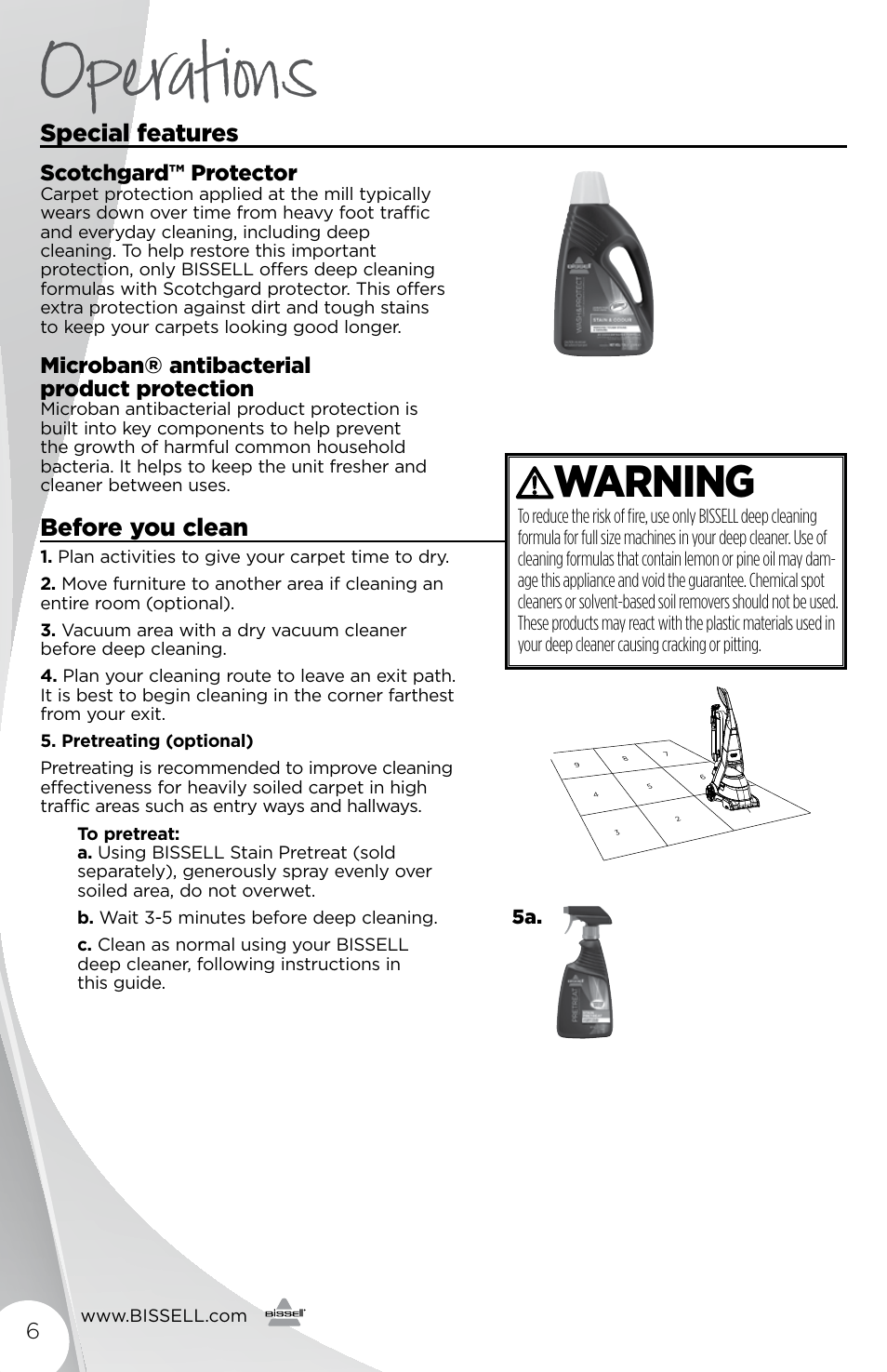 Operations, Warning, Special features | Before you clean, Scotchgard™ protector, Microban® antibacterial product protection | Bissell 1225E User Manual | Page 6 / 16