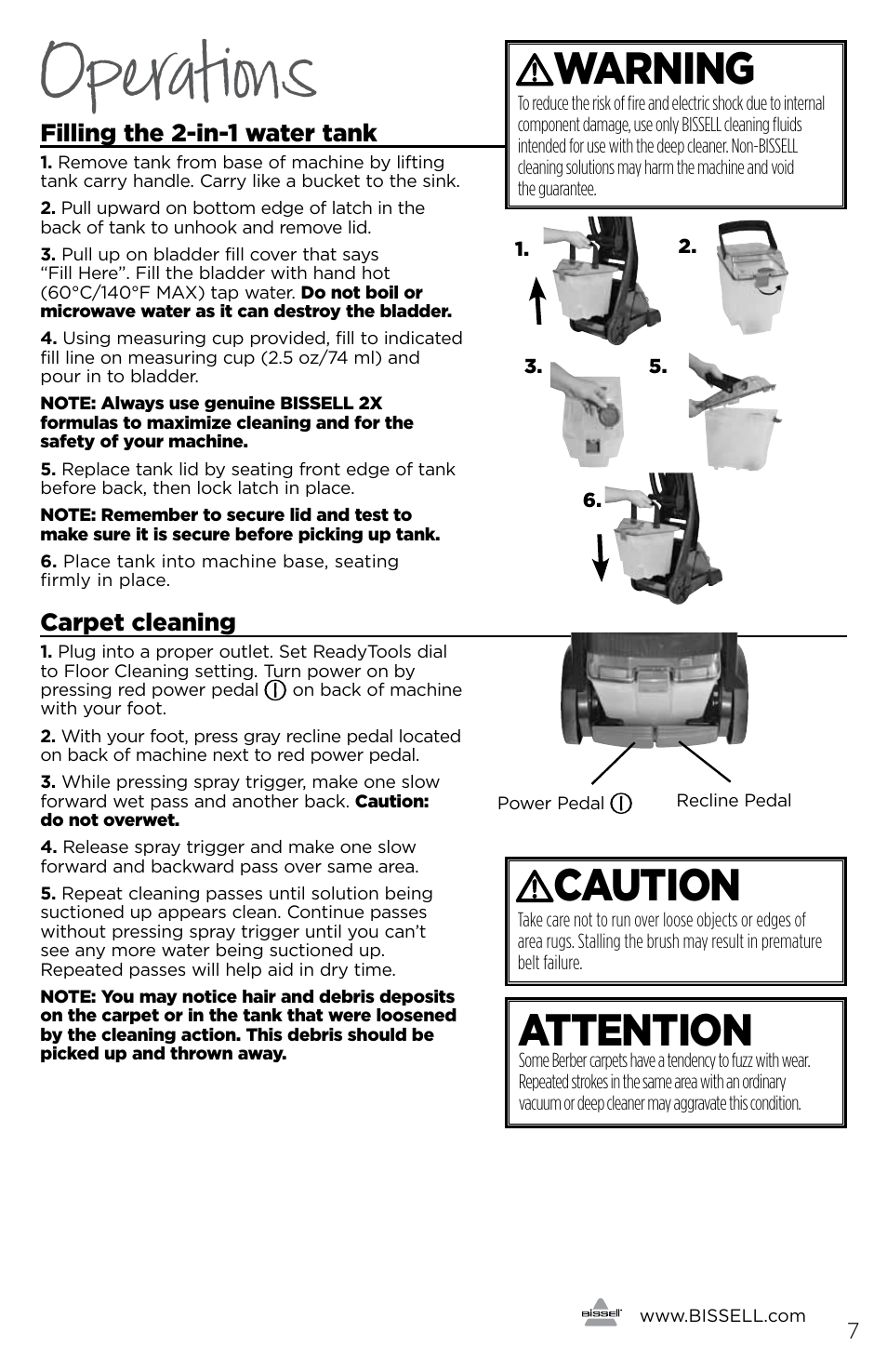 Operations, Attention, Caution | Warning, Filling the 2-in-1 water tank, Carpet cleaning | Bissell 1225E User Manual | Page 7 / 16