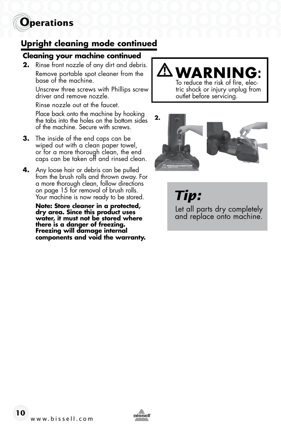 Warning, Perations | Bissell 22K7B User Manual | Page 10 / 20