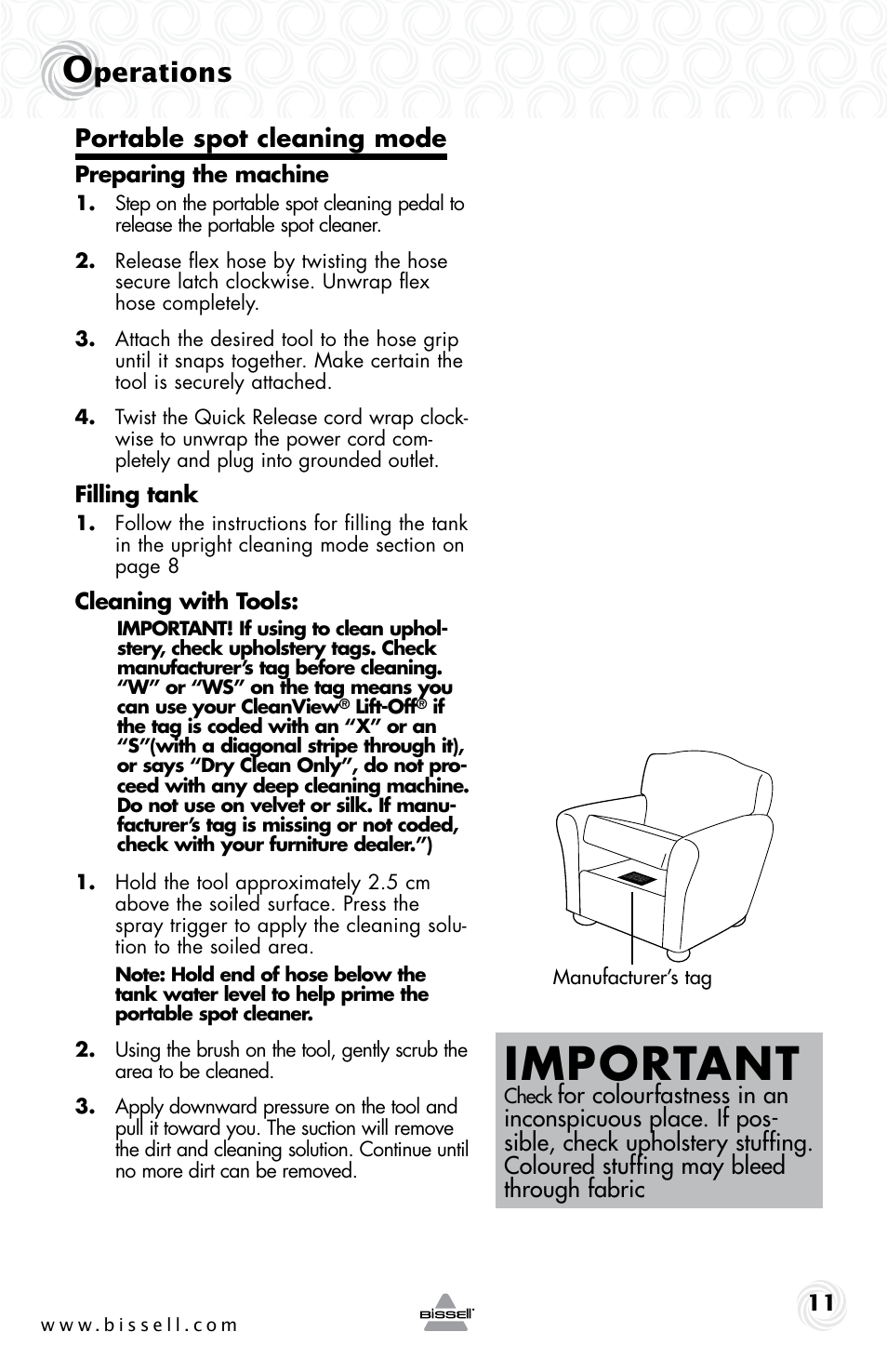 Important, Perations, Portable spot cleaning mode | Preparing the machine, Filling tank, Cleaning with tools | Bissell 22K7B User Manual | Page 11 / 20