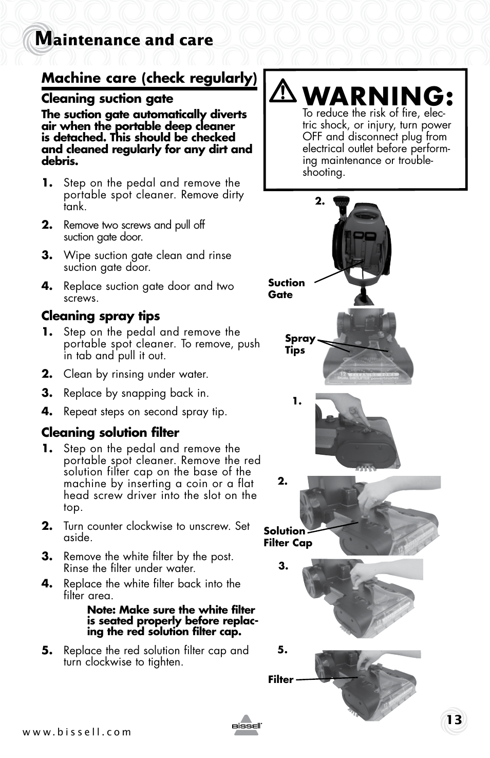 Warning, Aintenance and care, Machine care (check regularly) | Bissell 22K7B User Manual | Page 13 / 20