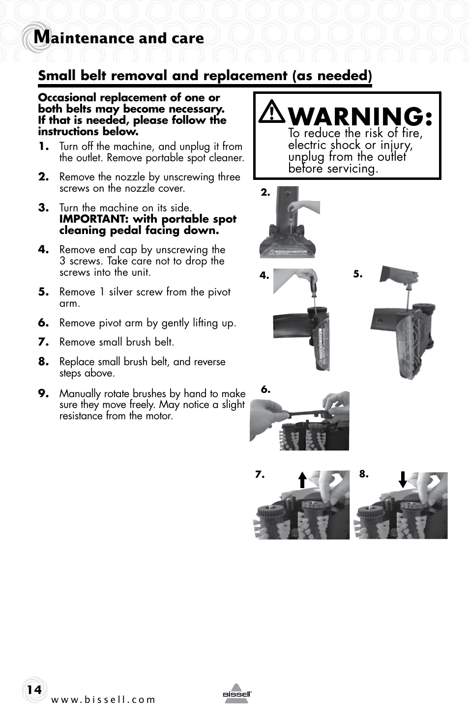 Warning, Aintenance and care | Bissell 22K7B User Manual | Page 14 / 20