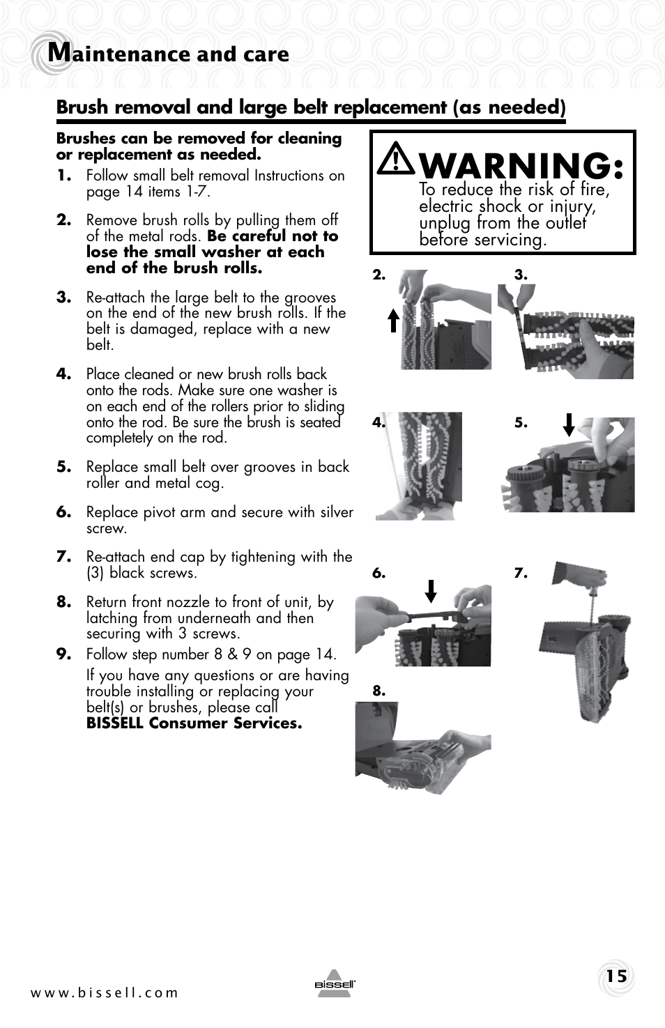 Warning, Aintenance and care | Bissell 22K7B User Manual | Page 15 / 20
