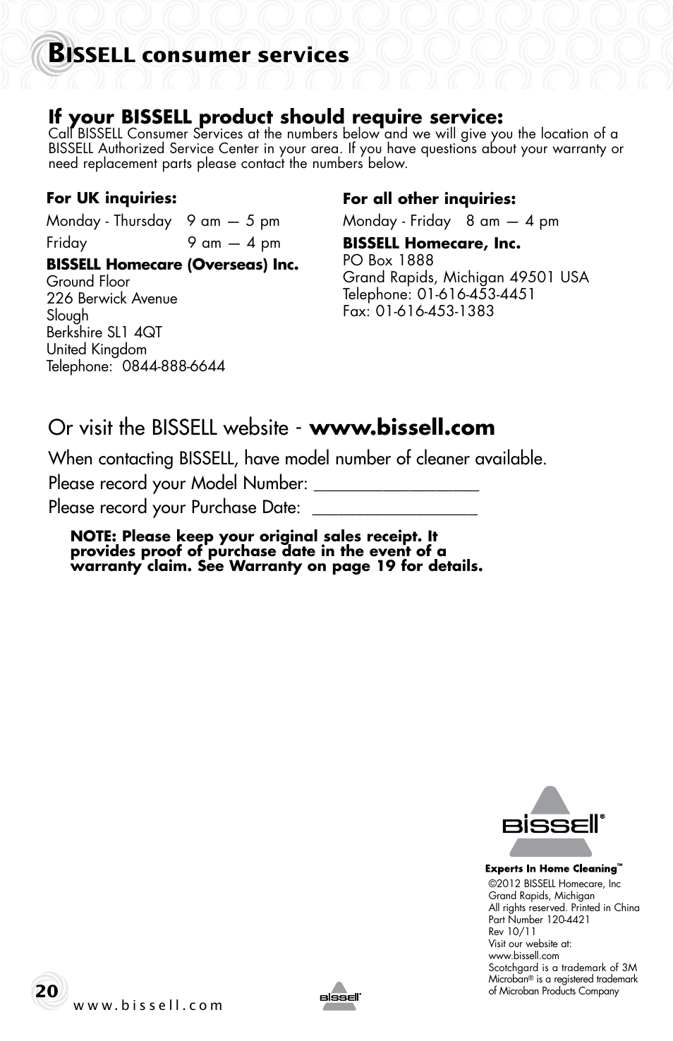 Issell consumer services, If your bissell product should require service | Bissell 22K7B User Manual | Page 20 / 20