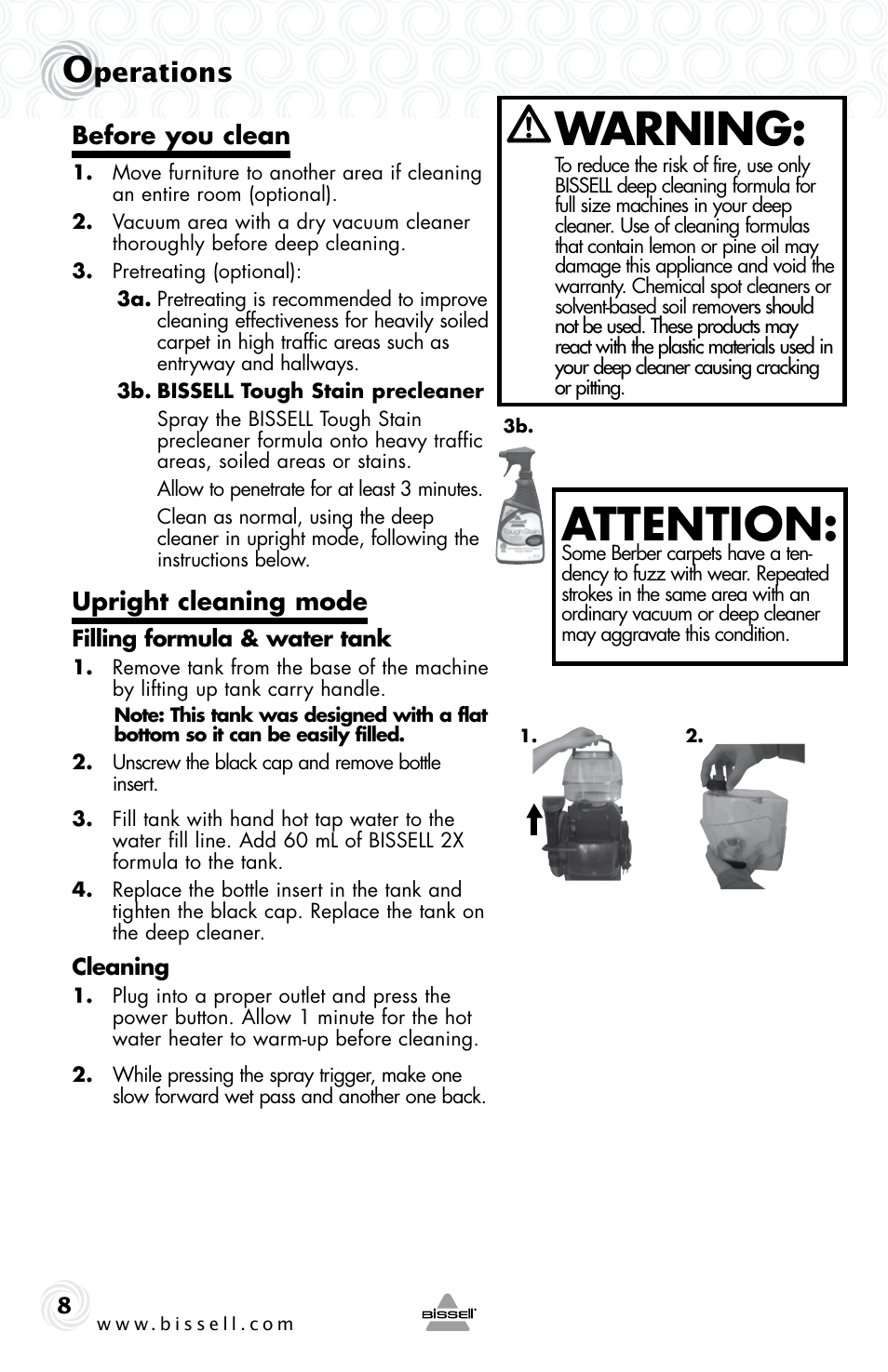 Attention, Warning, Perations | Before you clean, Upright cleaning mode | Bissell 22K7B User Manual | Page 8 / 20