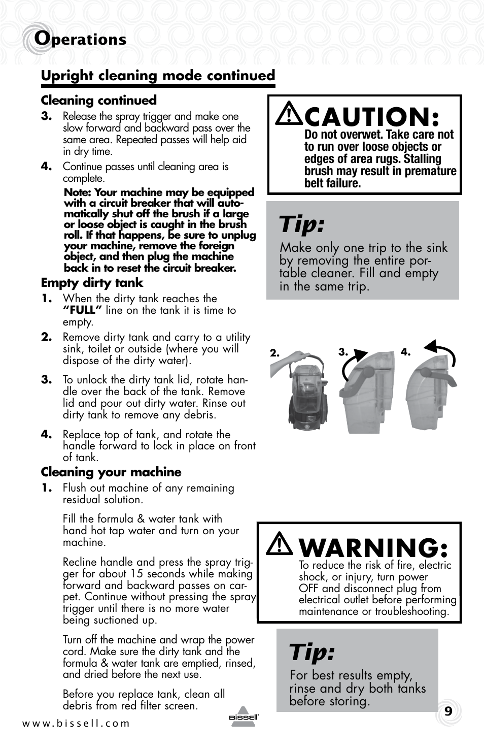 Caution, Warning, Perations | Bissell 22K7B User Manual | Page 9 / 20