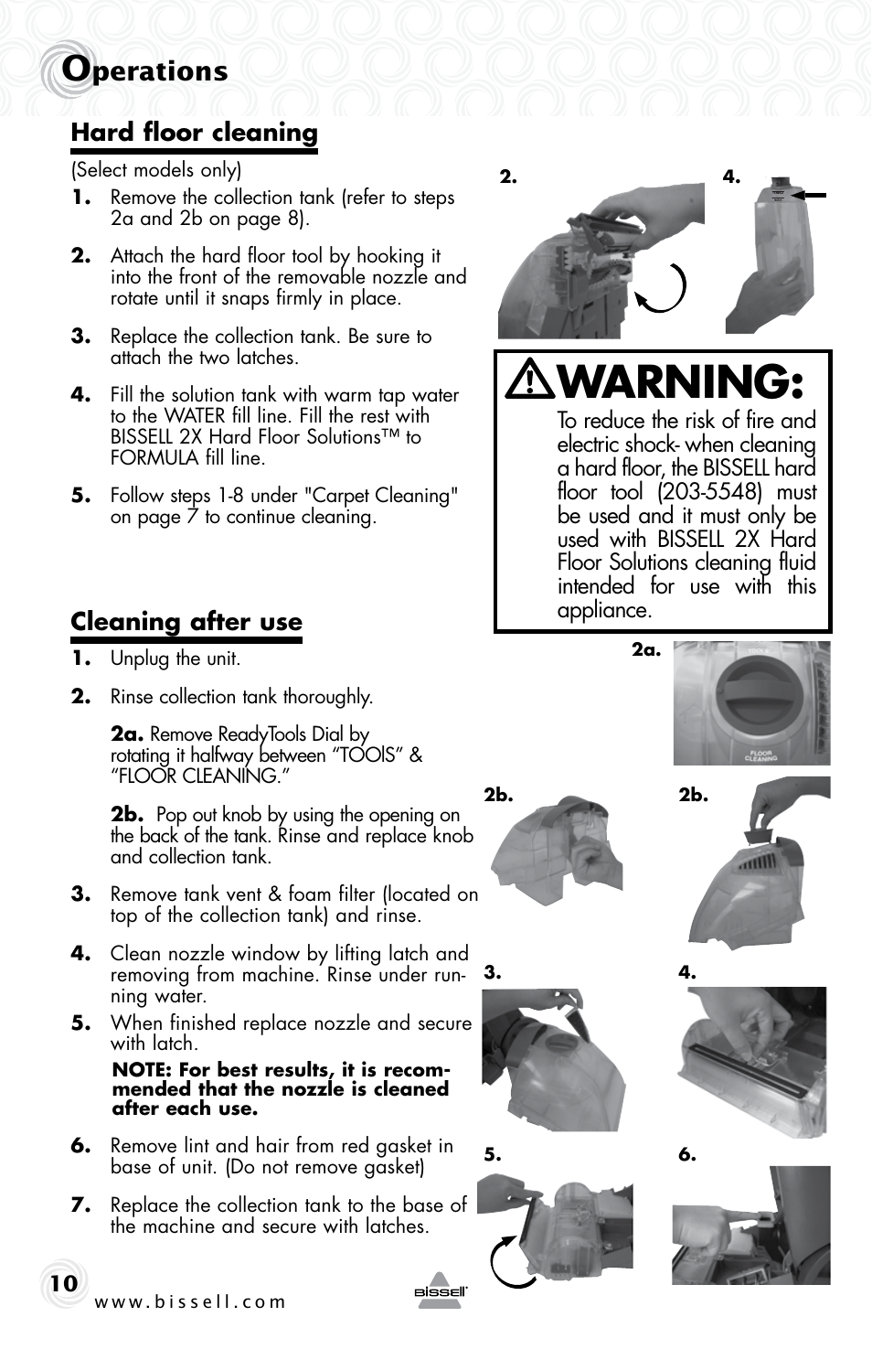 Warning, Perations, Hard floor cleaning | Cleaning after use | Bissell 37Y8E User Manual | Page 10 / 16