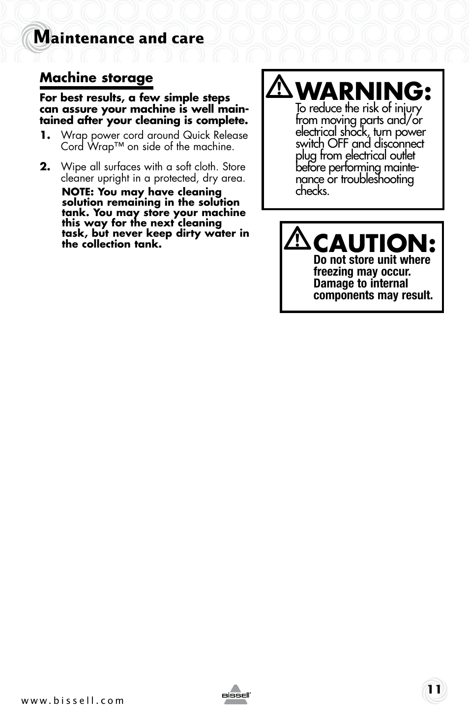 Caution, Warning | Bissell 37Y8E User Manual | Page 11 / 16