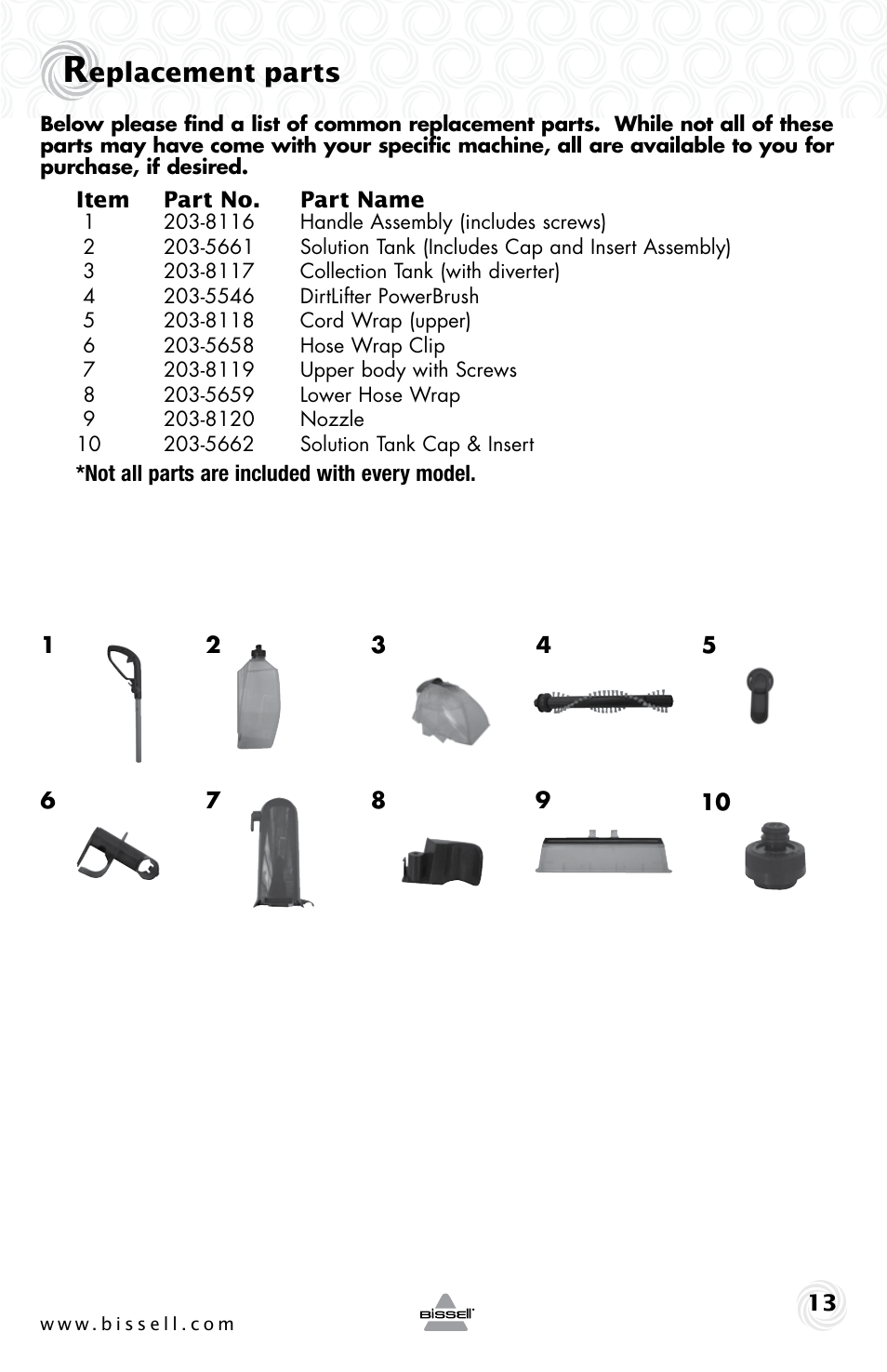 Eplacement parts | Bissell 37Y8E User Manual | Page 13 / 16