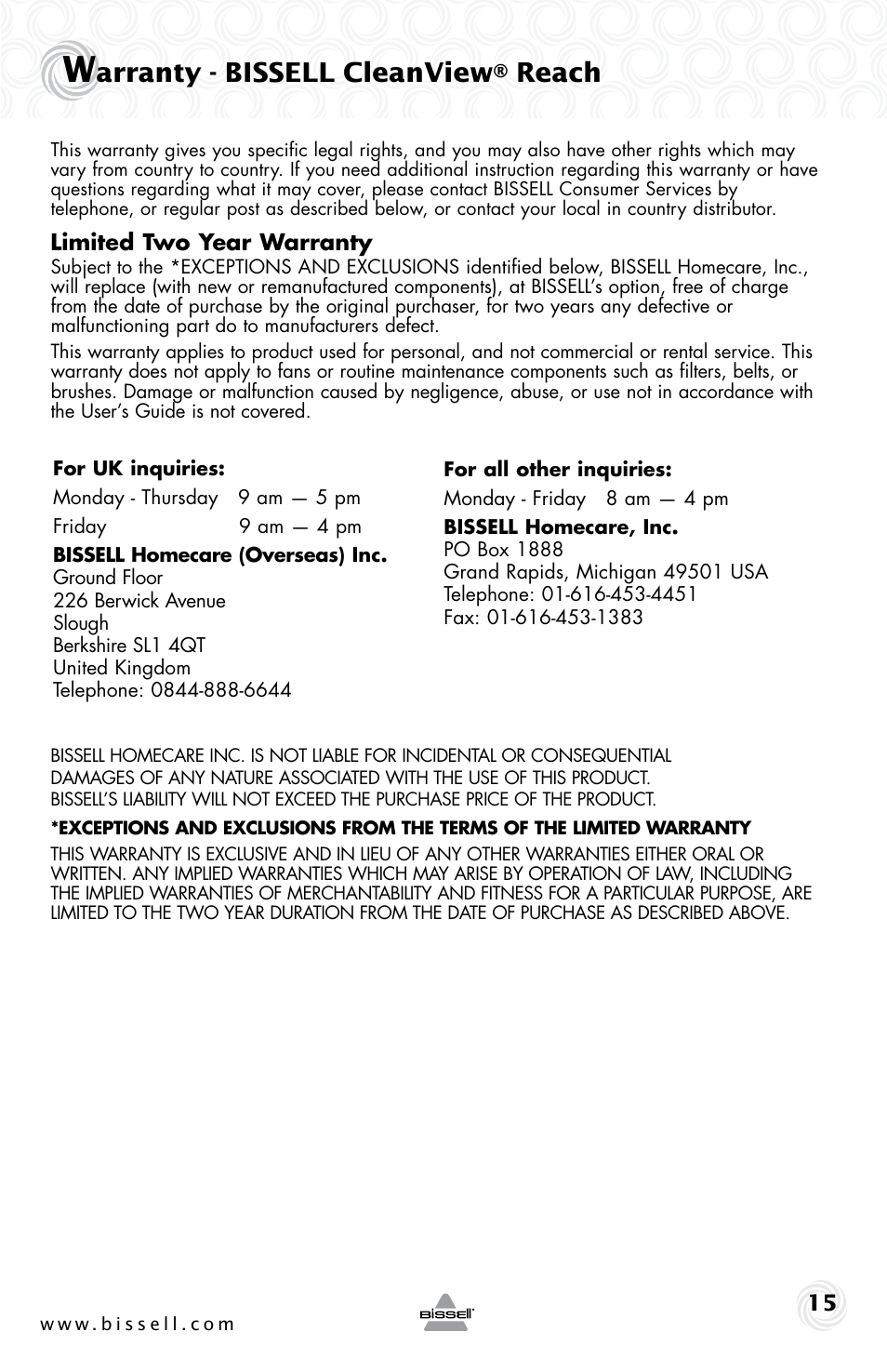 Arranty - bissell cleanview, Reach | Bissell 37Y8E User Manual | Page 15 / 16