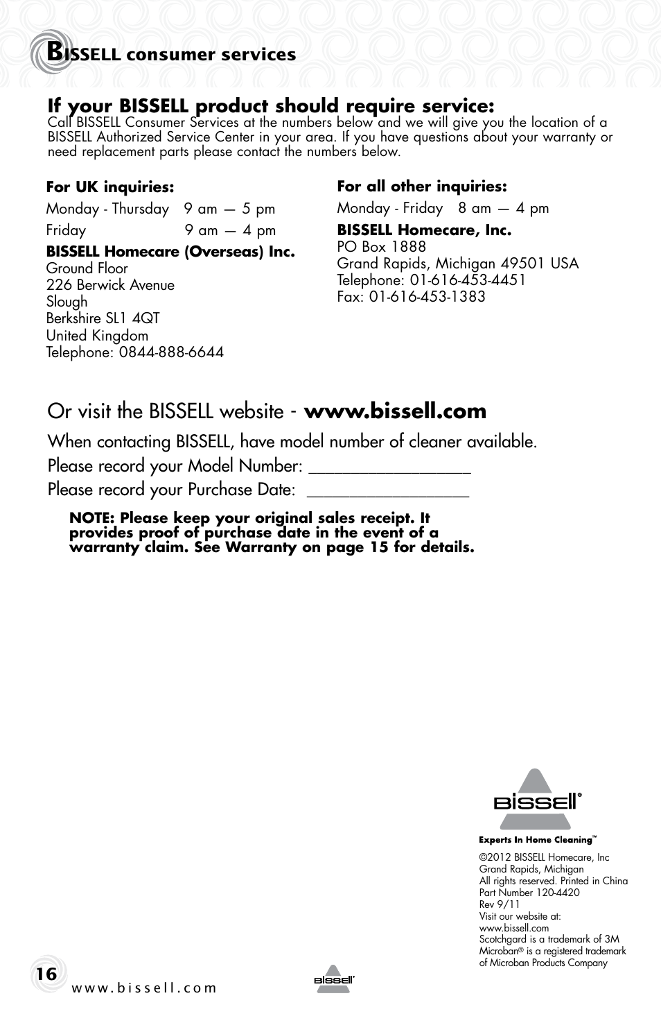 If your bissell product should require service, Issell consumer services | Bissell 37Y8E User Manual | Page 16 / 16