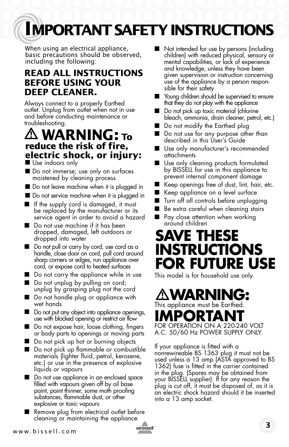 Mportant safety instructions, Warning, Save these instructions for future use | Important | Bissell 37Y8E User Manual | Page 3 / 16