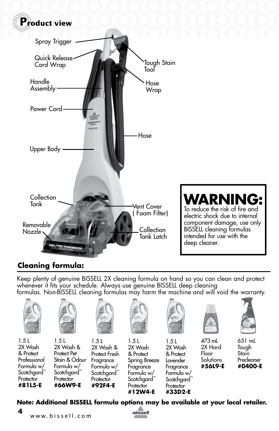 Warning, Roduct view, Cleaning formula | Bissell 37Y8E User Manual | Page 4 / 16