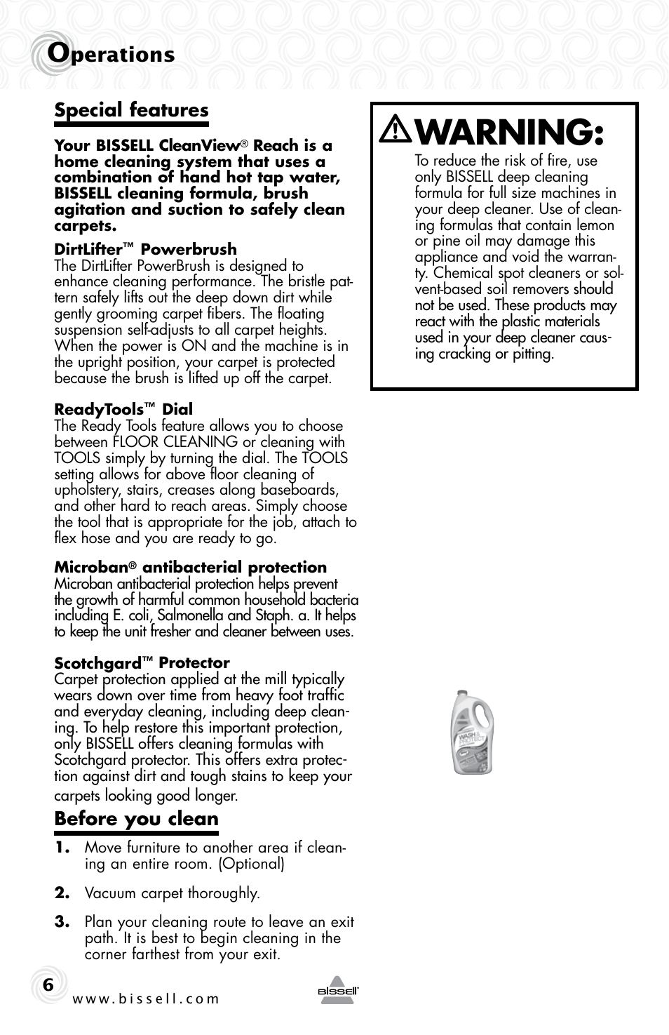 Warning, Perations, Special features | Before you clean | Bissell 37Y8E User Manual | Page 6 / 16
