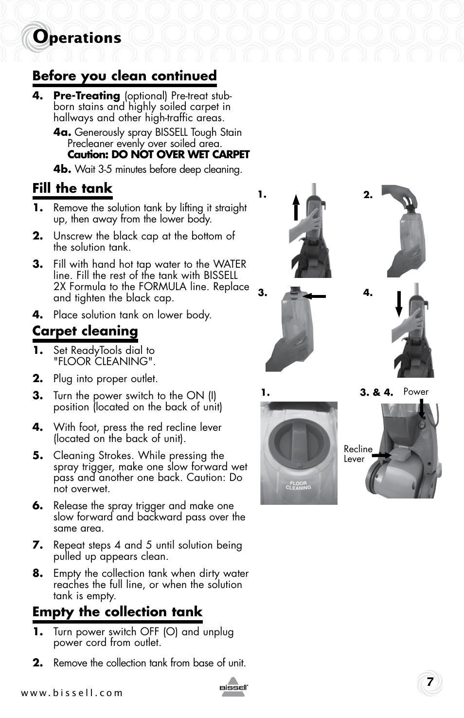 Perations, Fill the tank, Carpet cleaning | Empty the collection tank, Before you clean continued | Bissell 37Y8E User Manual | Page 7 / 16