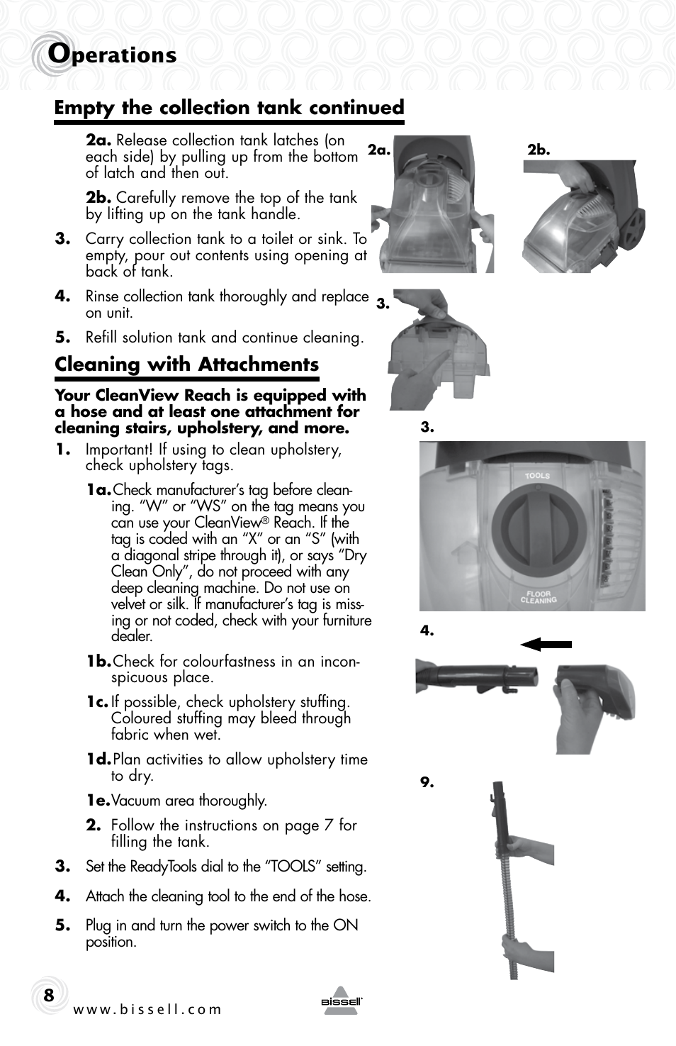 Perations, Cleaning with attachments, Empty the collection tank continued | Bissell 37Y8E User Manual | Page 8 / 16
