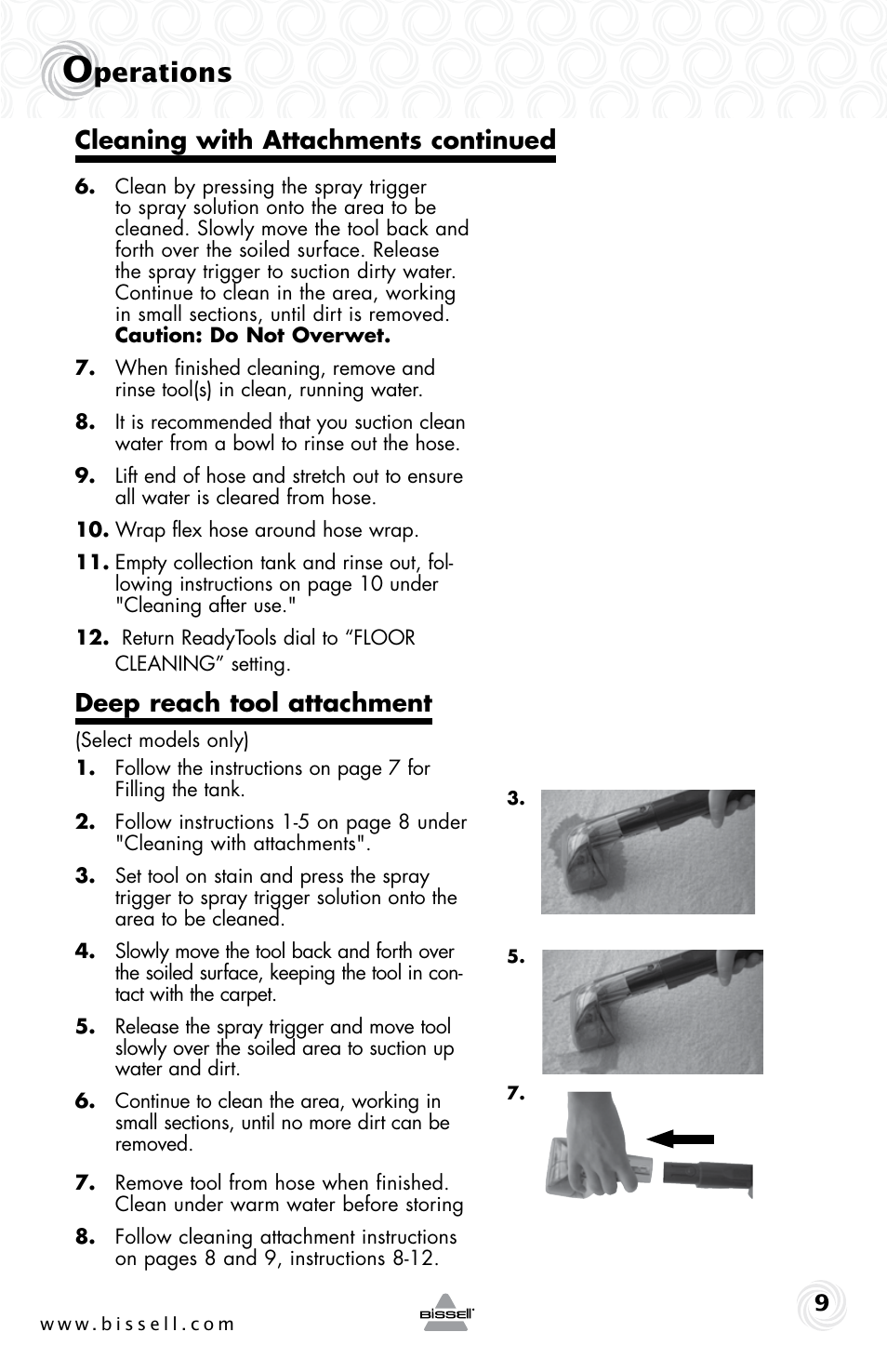 Perations, Deep reach tool attachment, Cleaning with attachments continued | Bissell 37Y8E User Manual | Page 9 / 16