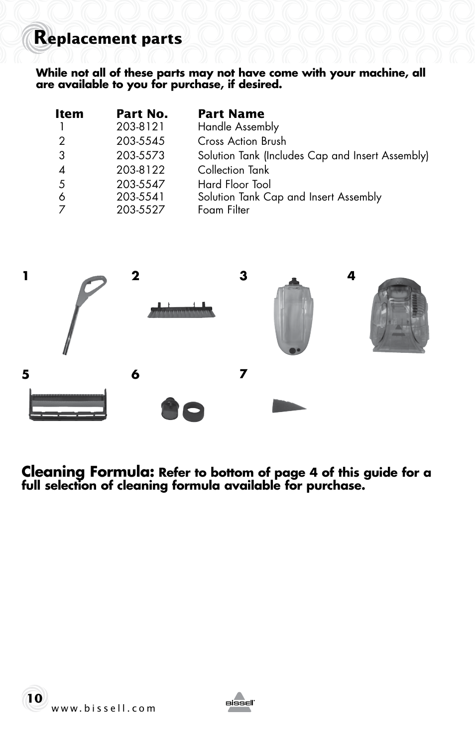 Eplacement parts, Cleaning formula | Bissell 90D3E User Manual | Page 10 / 12