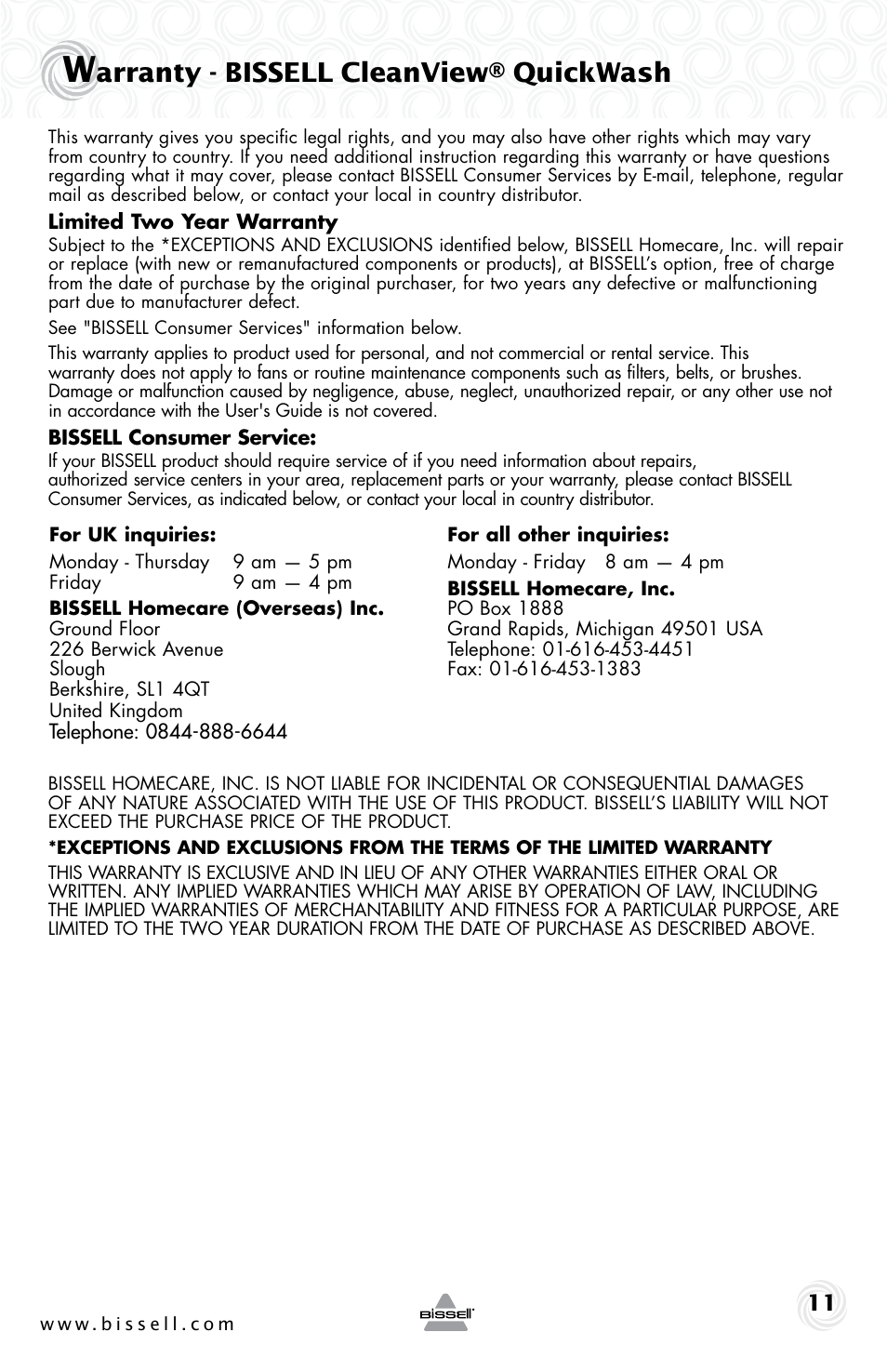 Arranty - bissell cleanview, Quickwash | Bissell 90D3E User Manual | Page 11 / 12