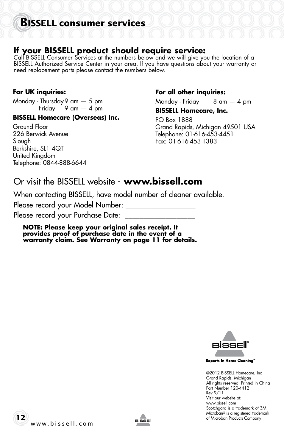 Issell consumer services, If your bissell product should require service | Bissell 90D3E User Manual | Page 12 / 12