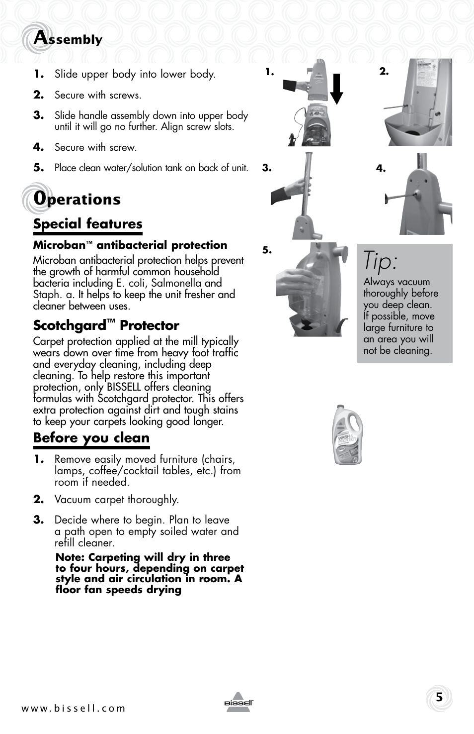 Perations, Special features, Scotchgard | Protector, Before you clean | Bissell 90D3E User Manual | Page 5 / 12