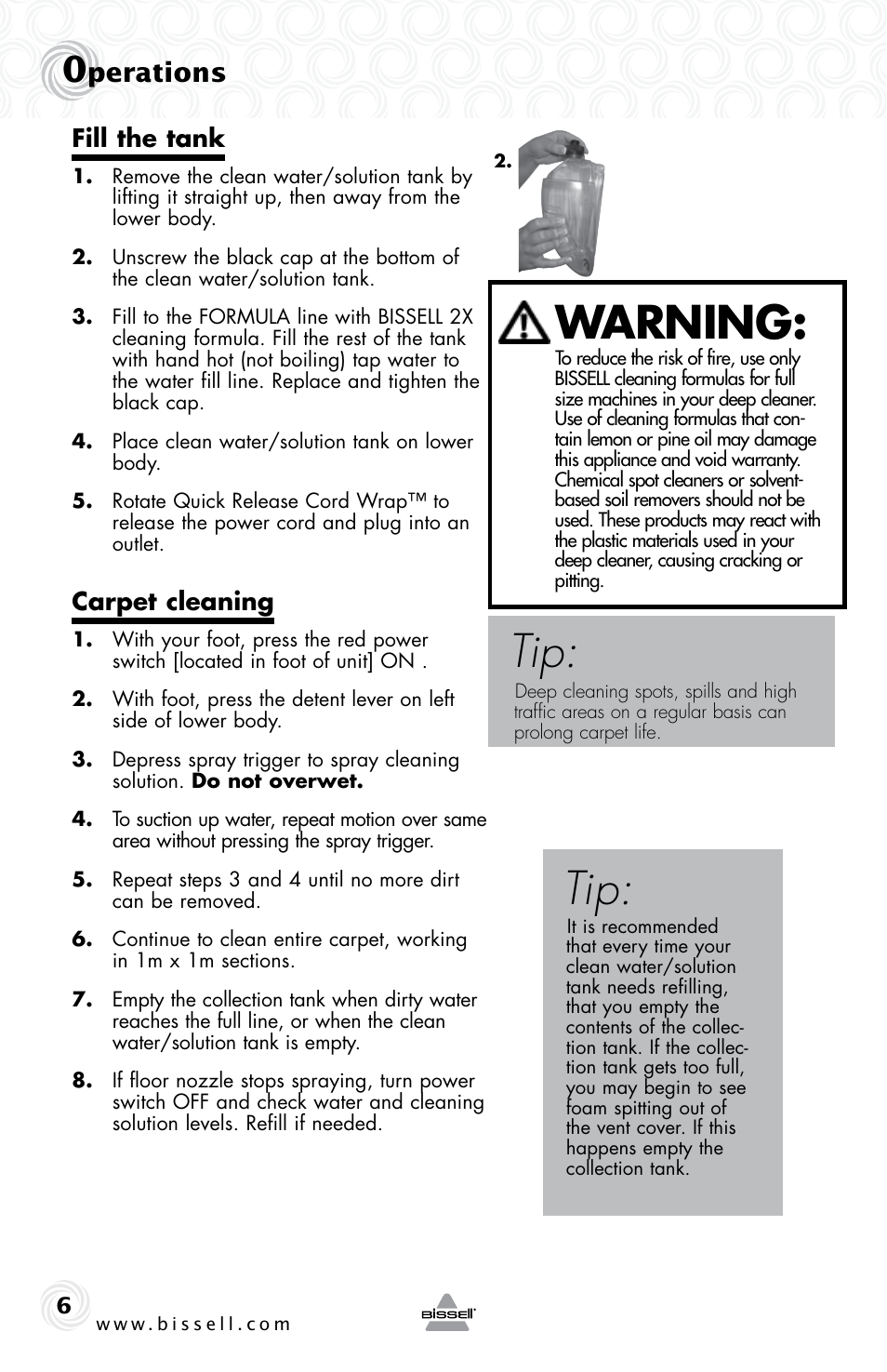 Warning, Perations, Fill the tank | Carpet cleaning | Bissell 90D3E User Manual | Page 6 / 12