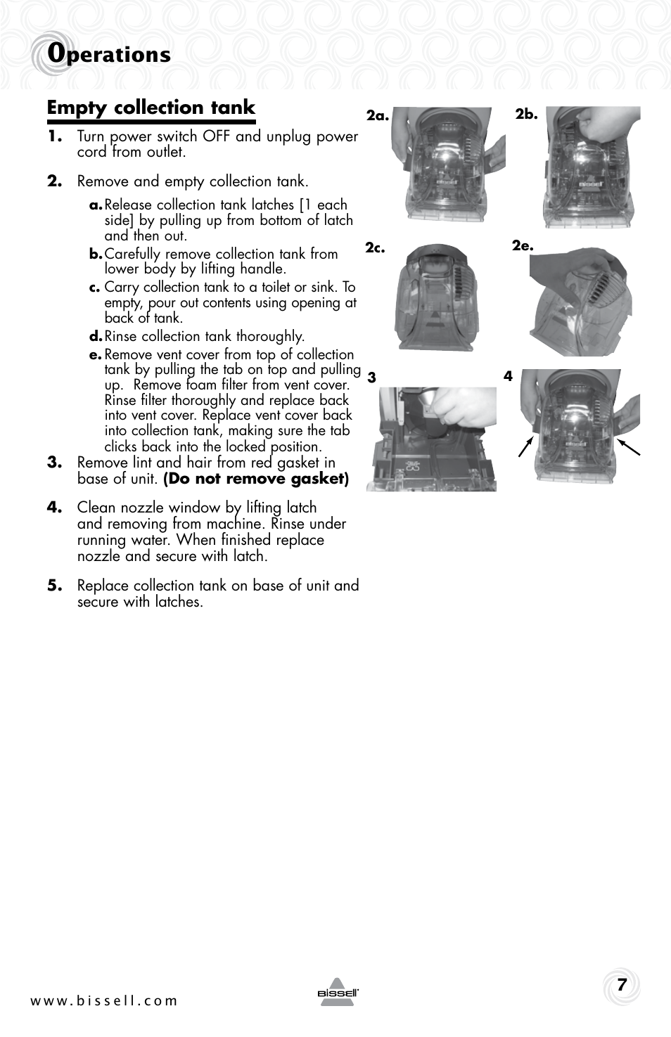 Perations, Empty collection tank | Bissell 90D3E User Manual | Page 7 / 12